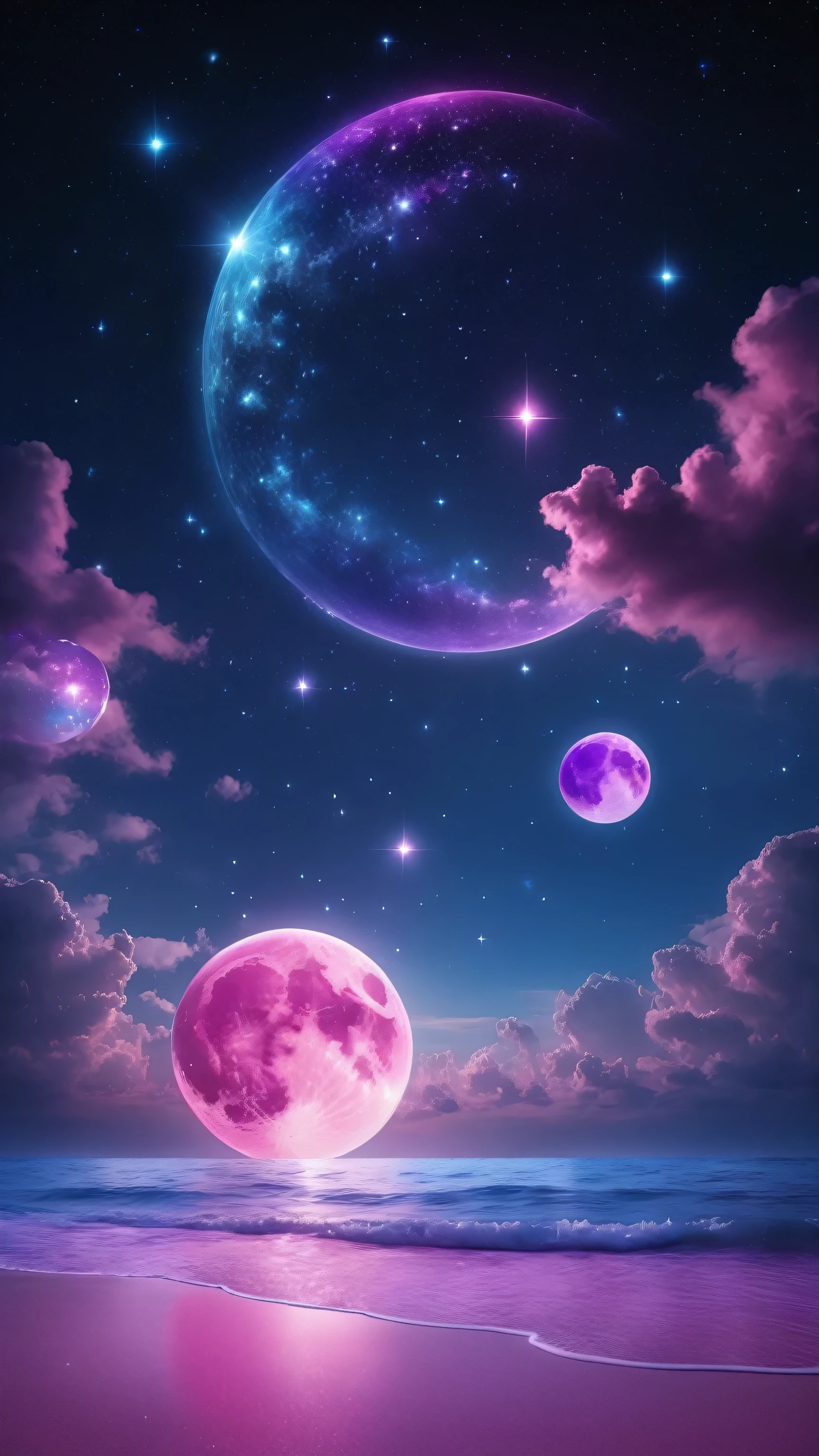 On a starry night with small clouds floating、Magenta and pink moon、Purple and sparkling light blue spheres reflecting light in the ocean。. A space of sparkling stars, It's a bright neon glow from outer space: Vibrant electric light blue expanse glowing sphere, Emerald green、Bright pink、Purple shines mysteriously against the dark background.. this concept art, Expressed as a digital painting, captures the essence of a lovley and opulent space scene showcasing complicated details and exquisite craftsmanship. Fascinating sparkling light, cleverly expressed, Create a sense of awe and wonder, Immerse your audience in the enchanting beauty of this otherworldly creation.macro photograph, Haute Couture, Surreal, high quality, Super detailed, Professional Photograph, beautiful, Transparent photograph, Professional Movies, Professional Photograph, Super detailed, Ultra-realistic, Cinematic, Sharp focus, Bright light, Detailed, complicated, Absurd, masterpiece. RAWphotograph, Edited by Photograph, Film stock photograph, photograph, Fujifilm Superior Premium 400, Nikon D850 Film stock photograph Kodak Portra 400 camera f1.6 Lenses, 8k, Ultra-high resolution