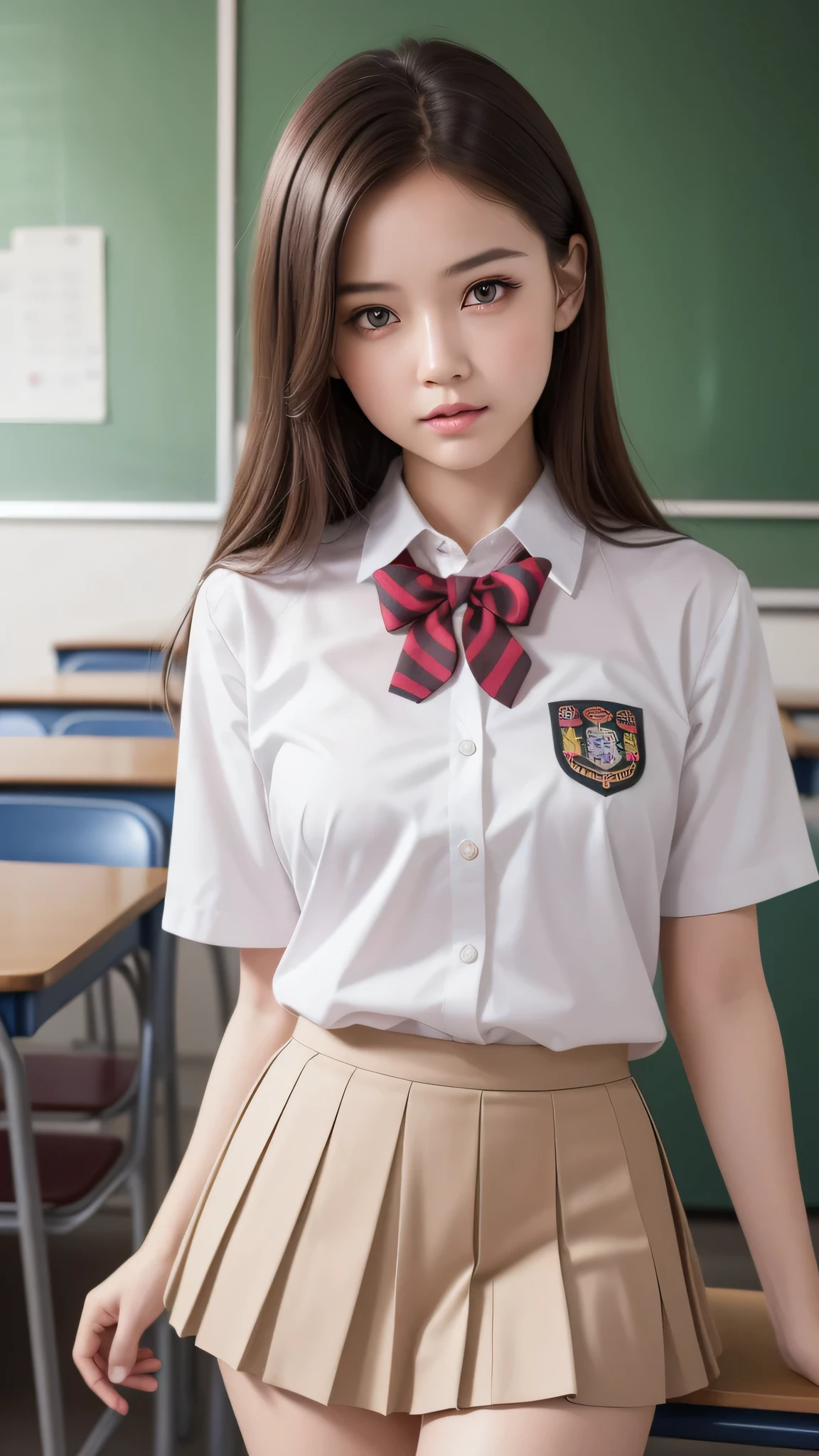 (1girl), (highly detailed face), Amazing face and eyes, (Best Quality:1.4), (Ultra-detailed), (extremely detailed CG unified 8k wallpaper), Highly detailed, High-definition raw color photos, Professional Photography, Realistic portrait, Amazing face and eyes, Pink eyes, (hi-school uniform, pleated mini skirt:1.3), brown hair, model, depth of fields, School, classroom,
