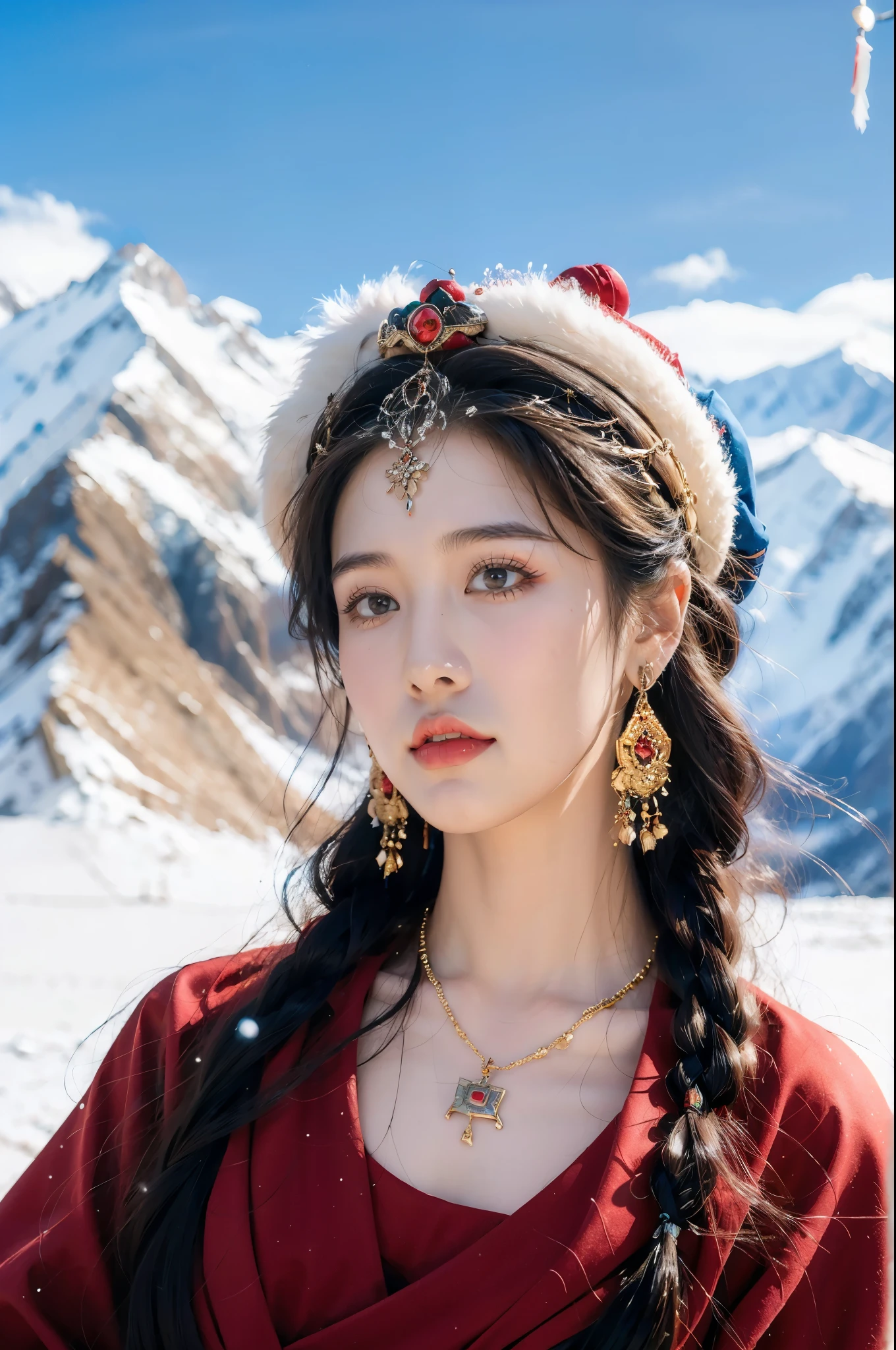 (masterpiece, best quality:1.2),red Tibetan clothing,1 Tibetan girl, blue sky, cloud, cloudy sky, day, earrings,Plush hat, horizon,Tibetan Earrings,jewelry,necklace, lips,snow mountain, outdoors, parted lips, red lips, solo, upper body,cleavage,gigantic breasts