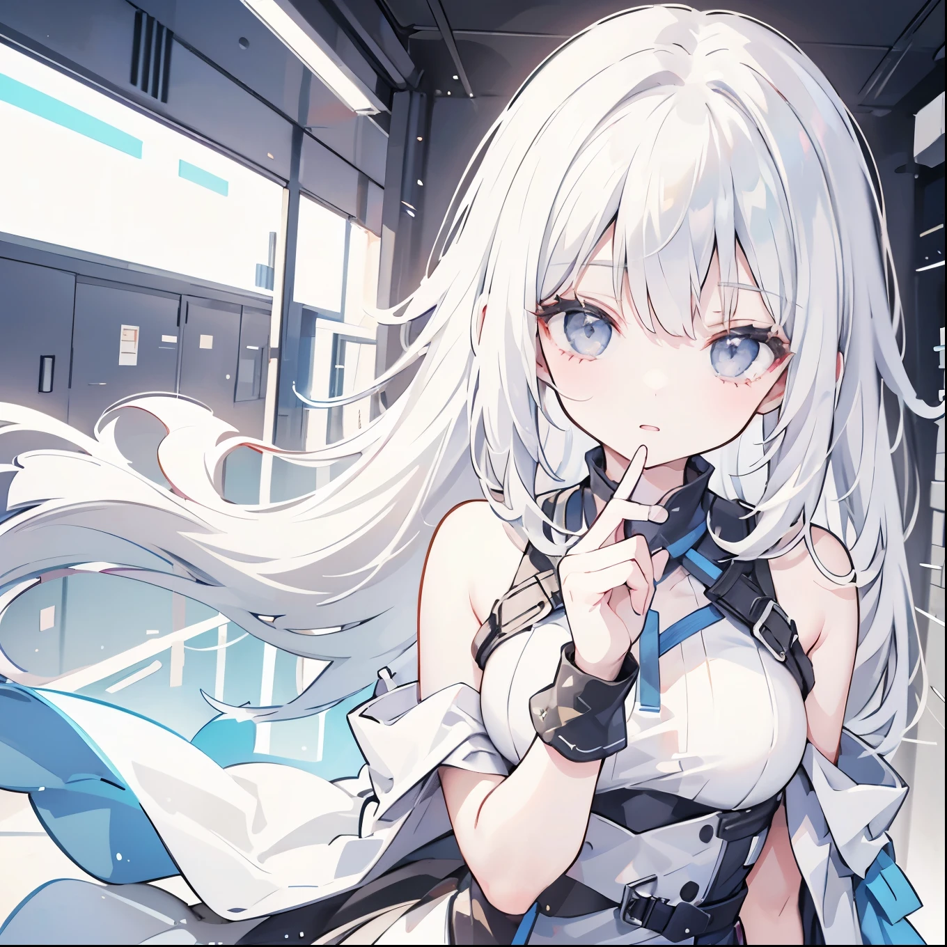Tomboy girl, white hair, cubit length, Gray eyes, Mature, With words "Six" Written on her chest, There are bangs in the middle