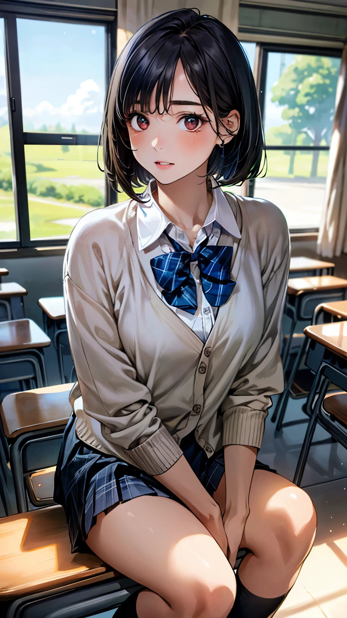 (masterpiece:1.3, top-quality, ultra high res, ultra detailed), (realistic, photorealistic:1.4), beautiful illustration, perfect lighting, natural lighting, colorful, depth of fields, ,
beautiful detailed hair, beautiful detailed face, beautiful detailed eyes, beautiful clavicle, beautiful body, beautiful chest, beautiful thigh, beautiful legs, beautiful fingers, shiny skin,
looking at viewer, 1 girl, high school girl, (perfect anatomy, anatomically correct, super detailed skin), cute and symmetrical face, babyface, perfect face, perfect eyes, slender,
(short hair, bob cut, black hair), swept bangs, bangs, brown eyes, big eyes, drooping eyes, long eye lasher, (medium breasts, seductive thighs),
(light blown cardigan, blue private school uniform:1.2, light blue collared shirt, blue plaid pleated skirt, blue bow tie), black socks,
(beautiful scenery), morning, (classroom:1.2), school desk, sitting school chair, (surprised, parted lips),