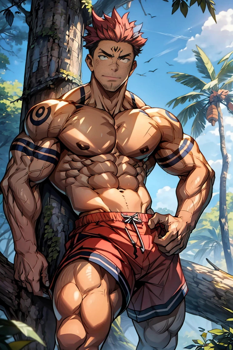 (canto da foto de baixo para cima) (imagem da mais alta qualidade) Lion man ,real, jovem, , vestindo shorts, virilha saliente, imagem de anime, Leaning against a tree, pernas bem abertas, male face, bonito rosto jovem, cabelo subcortado, huge muscle muscles of the chest, large strong thigh muscles, Biceps Sinewy muscles, Corpo enorme, corpo tonificado devido ao treinamento intenso, Well-developed muscles, ABS transparente de 8 embalagens, 3 metros de altura, topless, , pele brilhante, rede de suor pingando, hands on thighs, bare feet, Sem barba,Thick Legs,