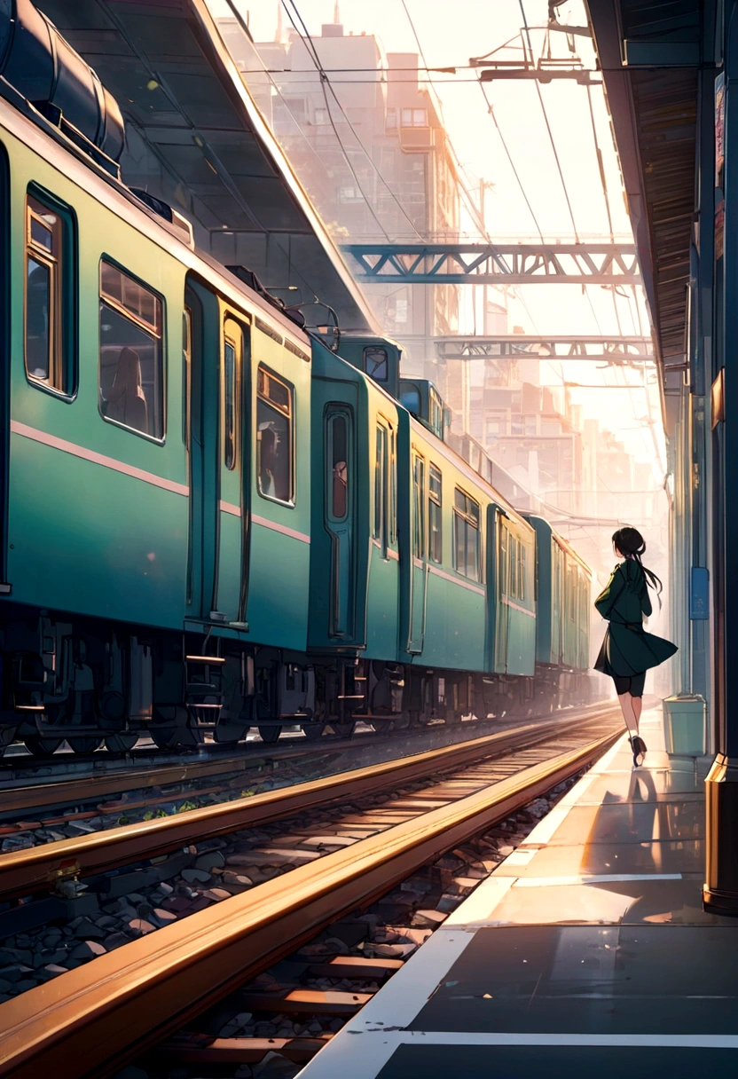 Cartoon scene of a train on the tracks with people walking on the platform, ( ( Xin Haicheng ) ), Station Background, Xin Haichengのスタイル, Beautiful anime scene, Xin Haichengのスタイルで!, Anime Art Wallpaper 4K, anime art wallpaper 4k, Xin Haicheng, Xin Haicheng, by Cyril Rolando, Anime background art