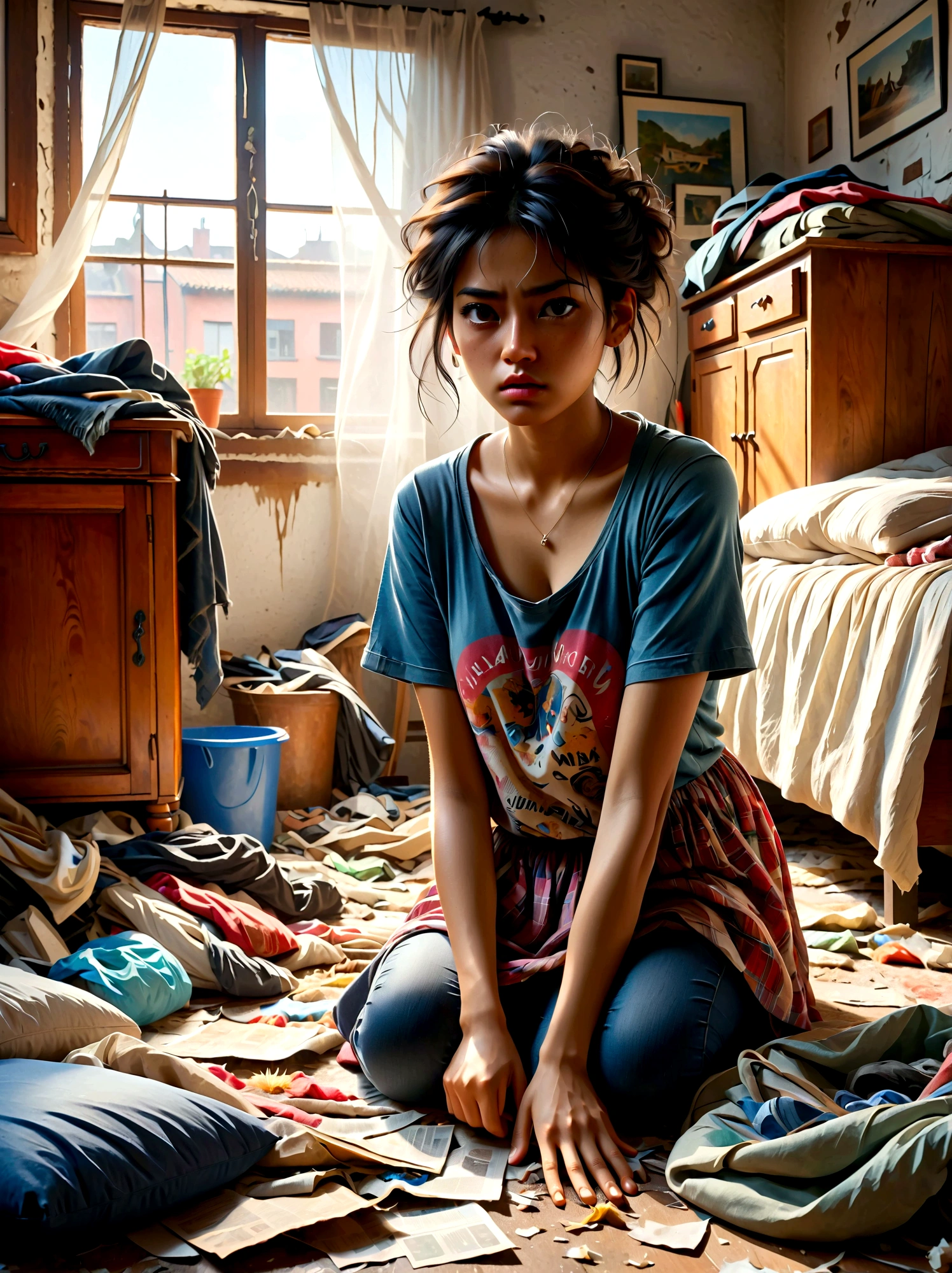 (a young girl with a disgusted expression), (Disgusted look:1.5), Messy hair, Sweating, Cleaning a messy room, dust, cobwebs, A bunch of clothes, Unmade bed, garbage on the floor, Realistic details, Realistic shadows, Realistic lighting, Natural light, Super Fine, Sharp focus, Physically Based Rendering, Extremely detailed description, major, Vivid colors