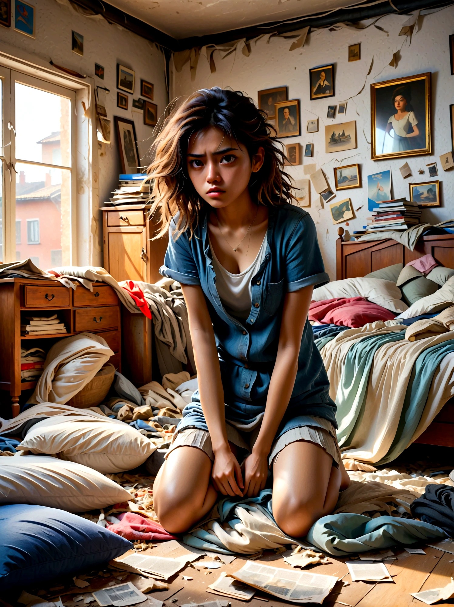 (a young girl with a disgusted expression), (Disgusted look:1.5), Messy hair, Sweating, Cleaning a messy room, dust, cobwebs, A bunch of clothes, Unmade bed, garbage on the floor, Realistic details, Realistic shadows, Realistic lighting, Natural light, Super Fine, Sharp focus, Physically Based Rendering, Extremely detailed description, major, Vivid colors