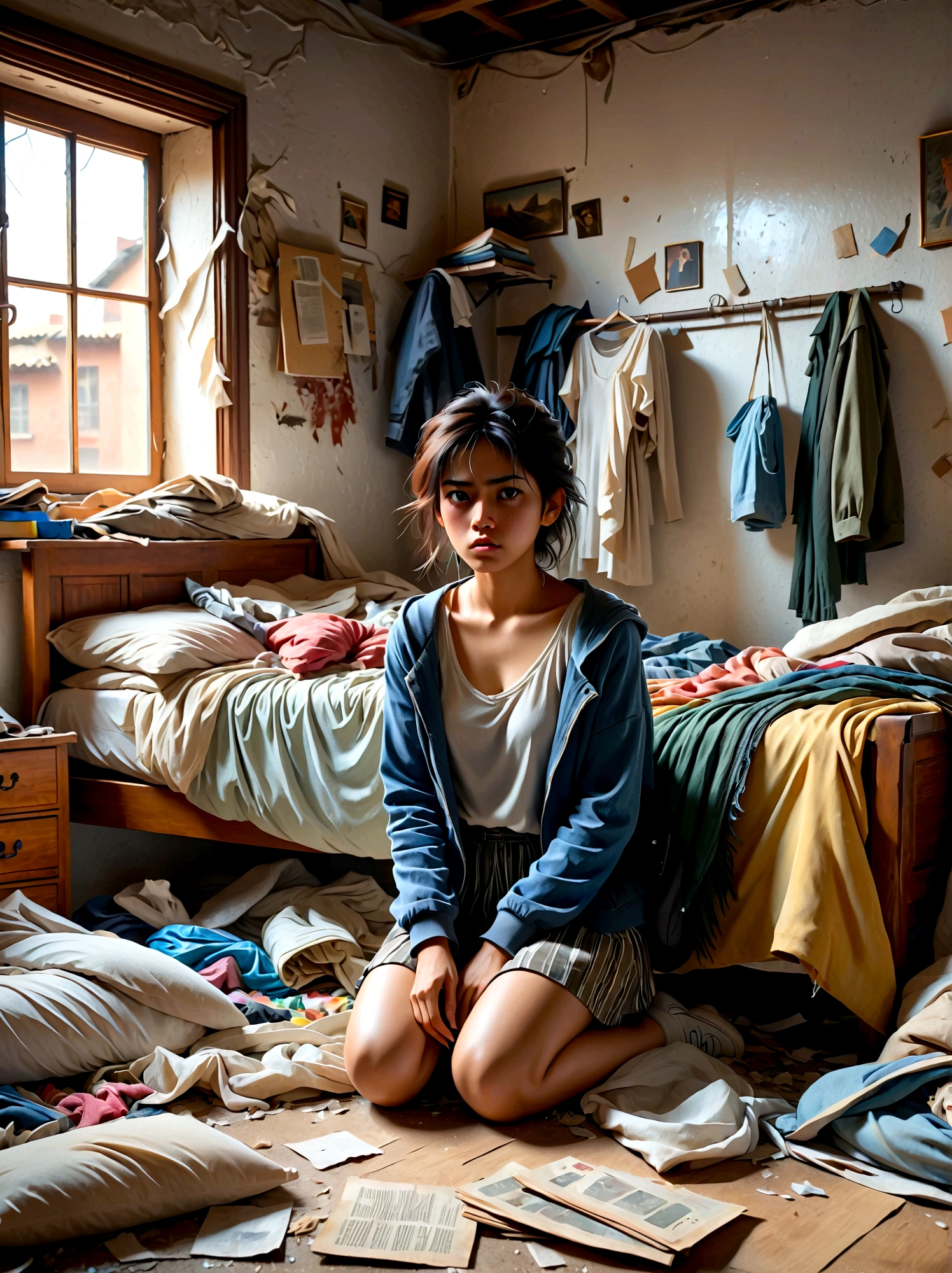 (a young girl with a disgusted expression), (Disgusted look:1.5), Messy hair, Sweating, Cleaning a messy room, dust, cobwebs, A bunch of clothes, Unmade bed, garbage on the floor, Realistic details, Realistic shadows, Realistic lighting, Natural light, Super Fine, Sharp focus, Physically Based Rendering, Extremely detailed description, major, Vivid colors