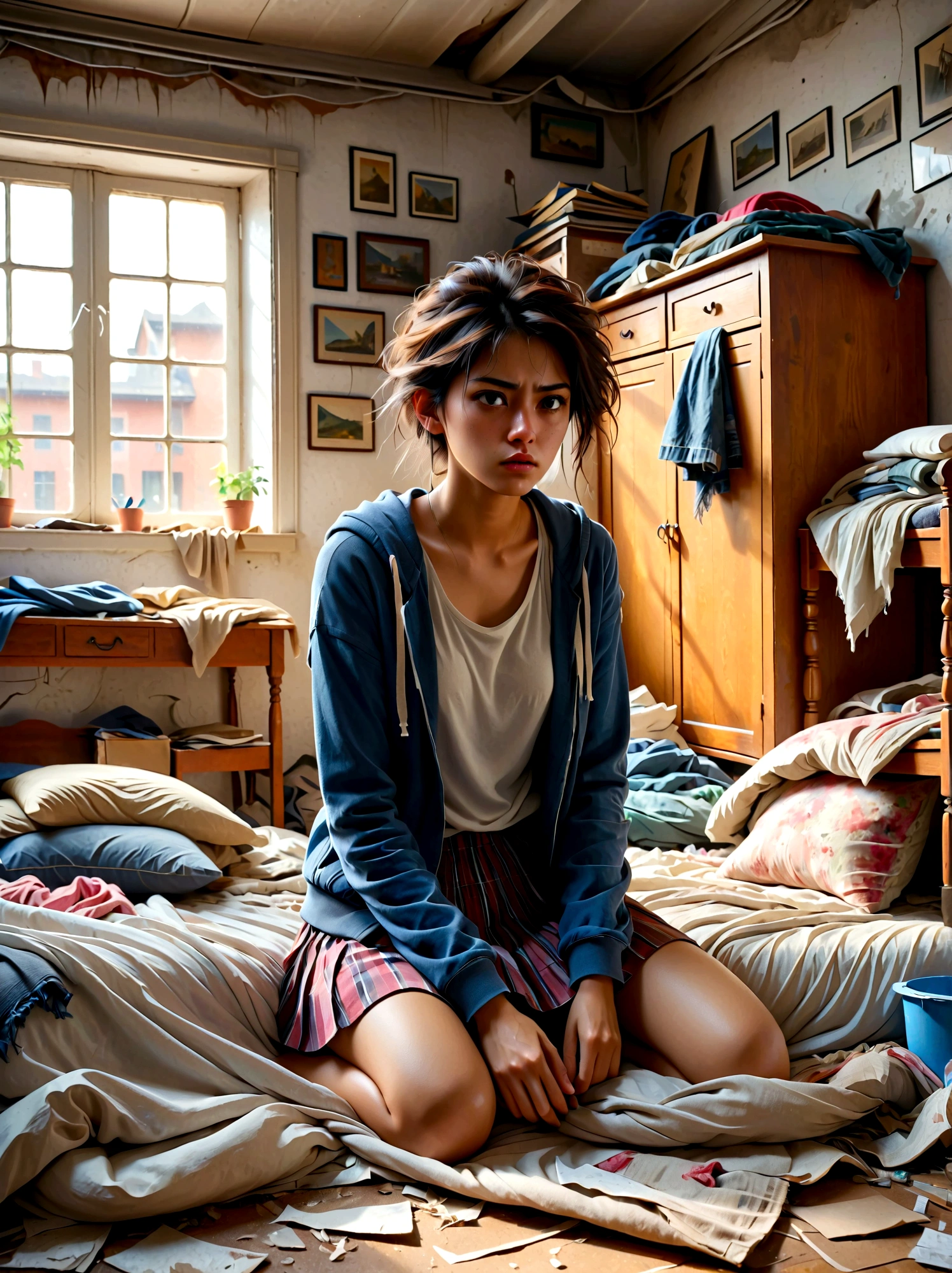 (a young girl with a disgusted expression), (Disgusted look:1.5), Messy hair, Sweating, Cleaning a messy room, dust, cobwebs, A bunch of clothes, Unmade bed, garbage on the floor, Realistic details, Realistic shadows, Realistic lighting, Natural light, Super Fine, Sharp focus, Physically Based Rendering, Extremely detailed description, major, Vivid colors