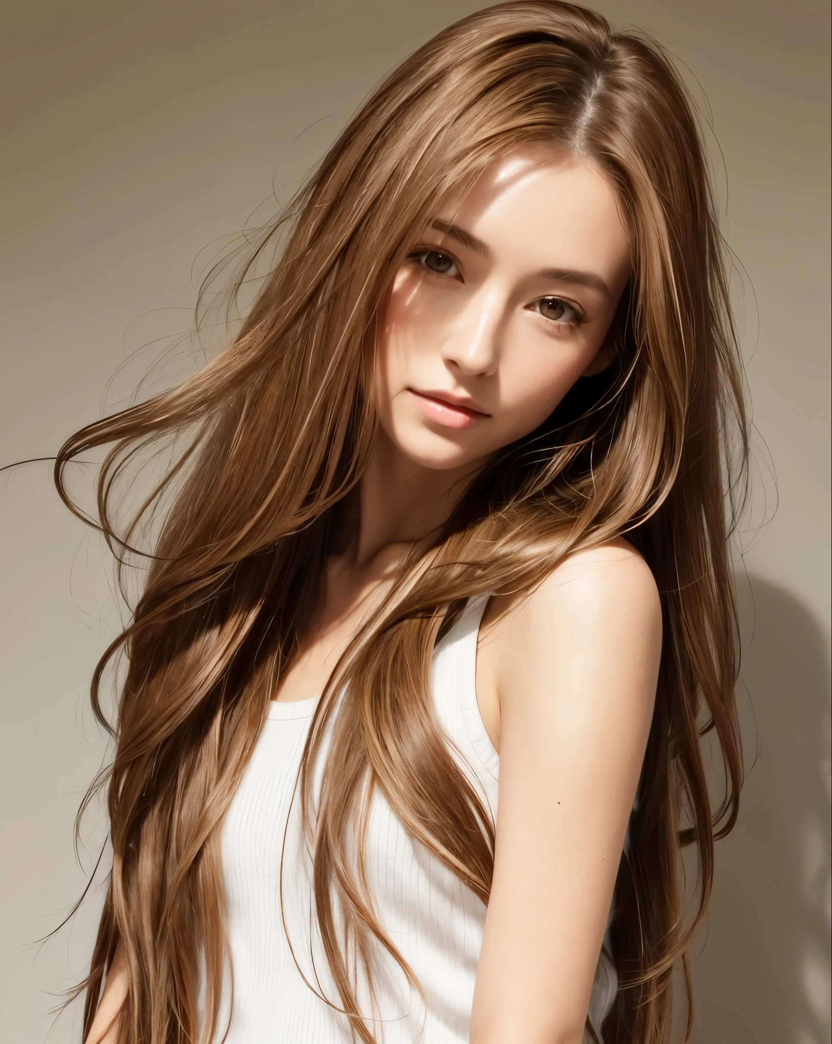 A woman with long brown hair and a white top, Light brown hair, Light brown hair, Natural brown hair, Thin and shiny hair, Soft Hair, Light brown messy hair, Brown Hair Girl, Flowing brown hair, Beautiful light brown hair, Light Brown Hair, disheveled brown hair, 長くFlowing brown hair, Medium brown hair, Brown long hair