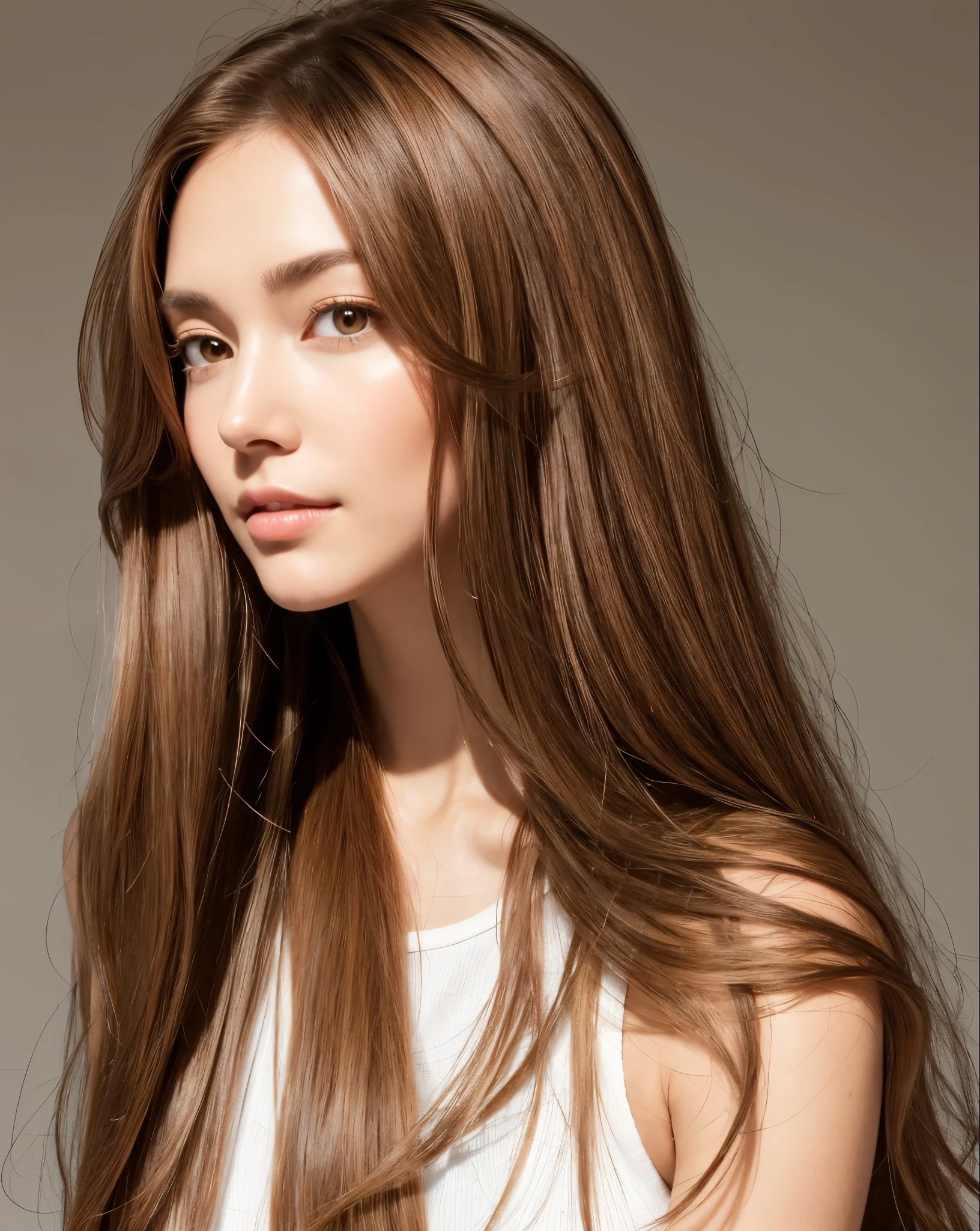 A woman with long brown hair and a white top, Light brown hair, Light brown hair, Natural brown hair, Thin and shiny hair, Soft Hair, Light brown messy hair, Brown Hair Girl, Flowing brown hair, Beautiful light brown hair, Light Brown Hair, disheveled brown hair, 長くFlowing brown hair, Medium brown hair, Brown long hair