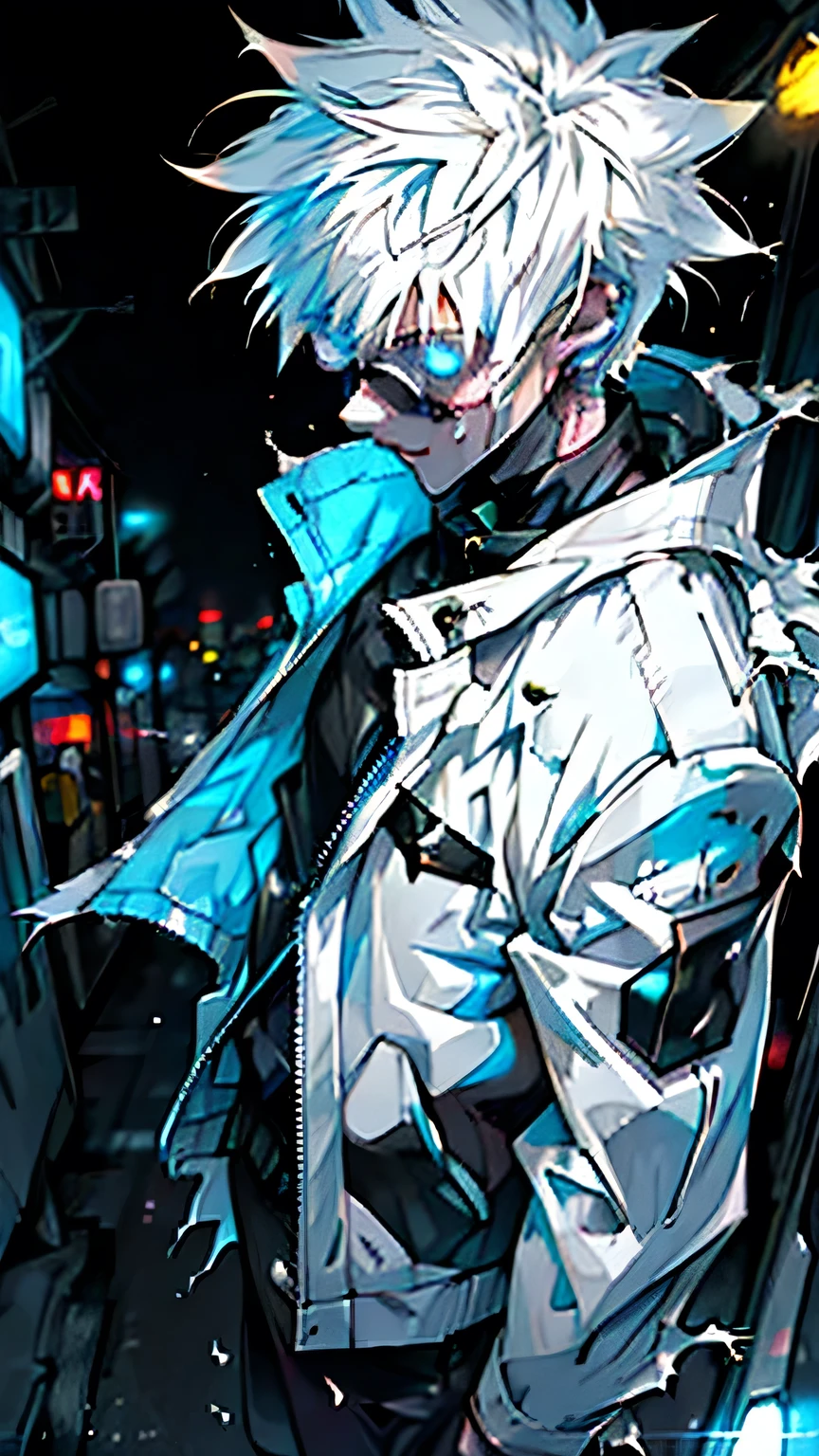 boy, white yellow hair, cool black open short jacket, tatoos, messy fade cut hair, crazy, on futuristic neon night street background,