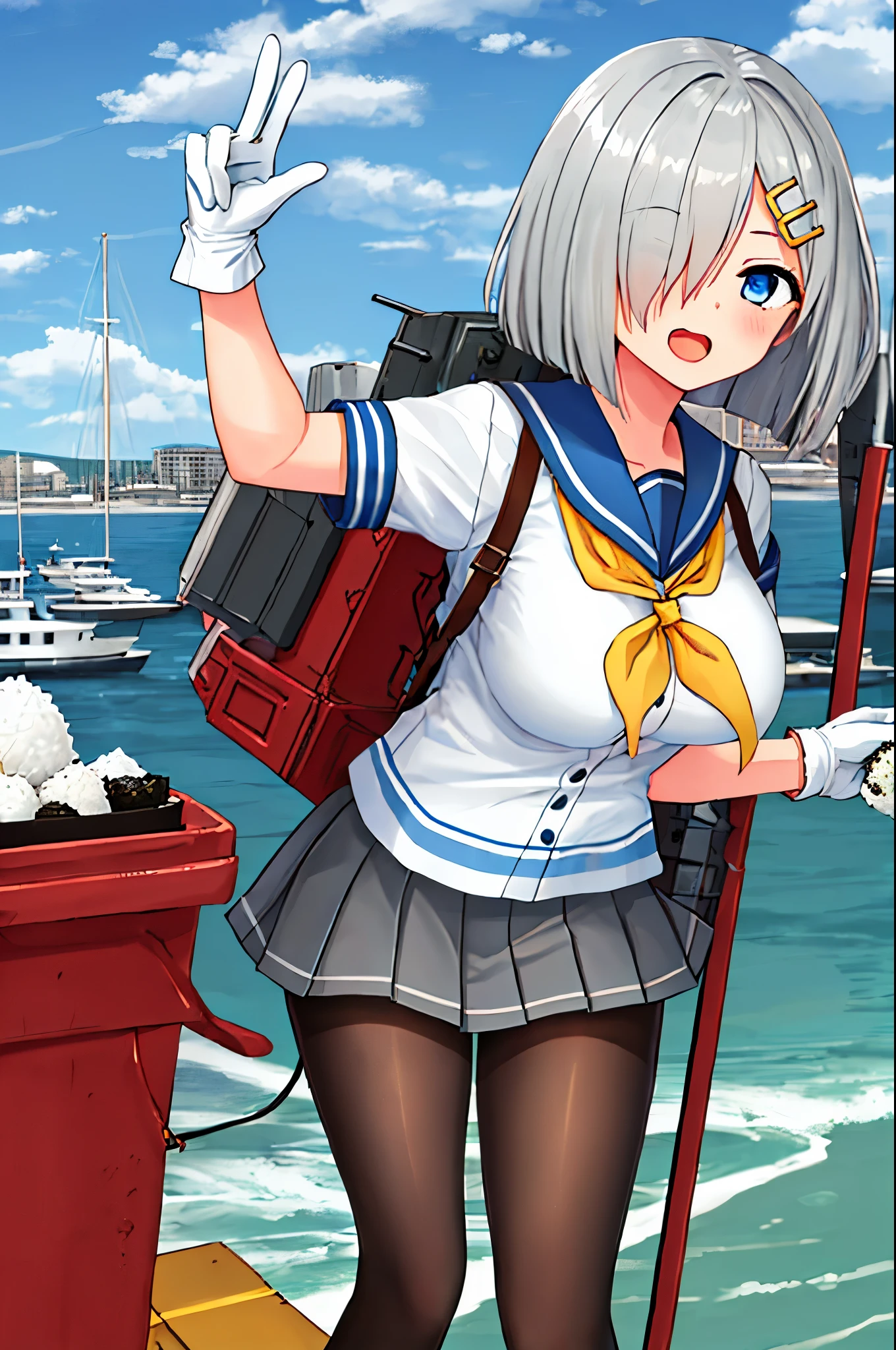 best quality, masterpiece, highres, solo, {hamakaze_kantaicollection:0.90}, 1girl, loli,younger_teen,black_pantyhose, pleated_skirt, serafuku, short_sleeves, simple_background, white_background, yellow_neckerchief, white_gloves, looking_at_viewer, grey_skirt, blush, eyes_visible_through_hair, blue_sailor_collar, dynamic_posing,long_bangs,hair_over_one_eye,harbor_school_background,outdoor,large_breasts,onigiri,riceball,girl_eating_riceball,happy,open_mouth,grab_a_riceball