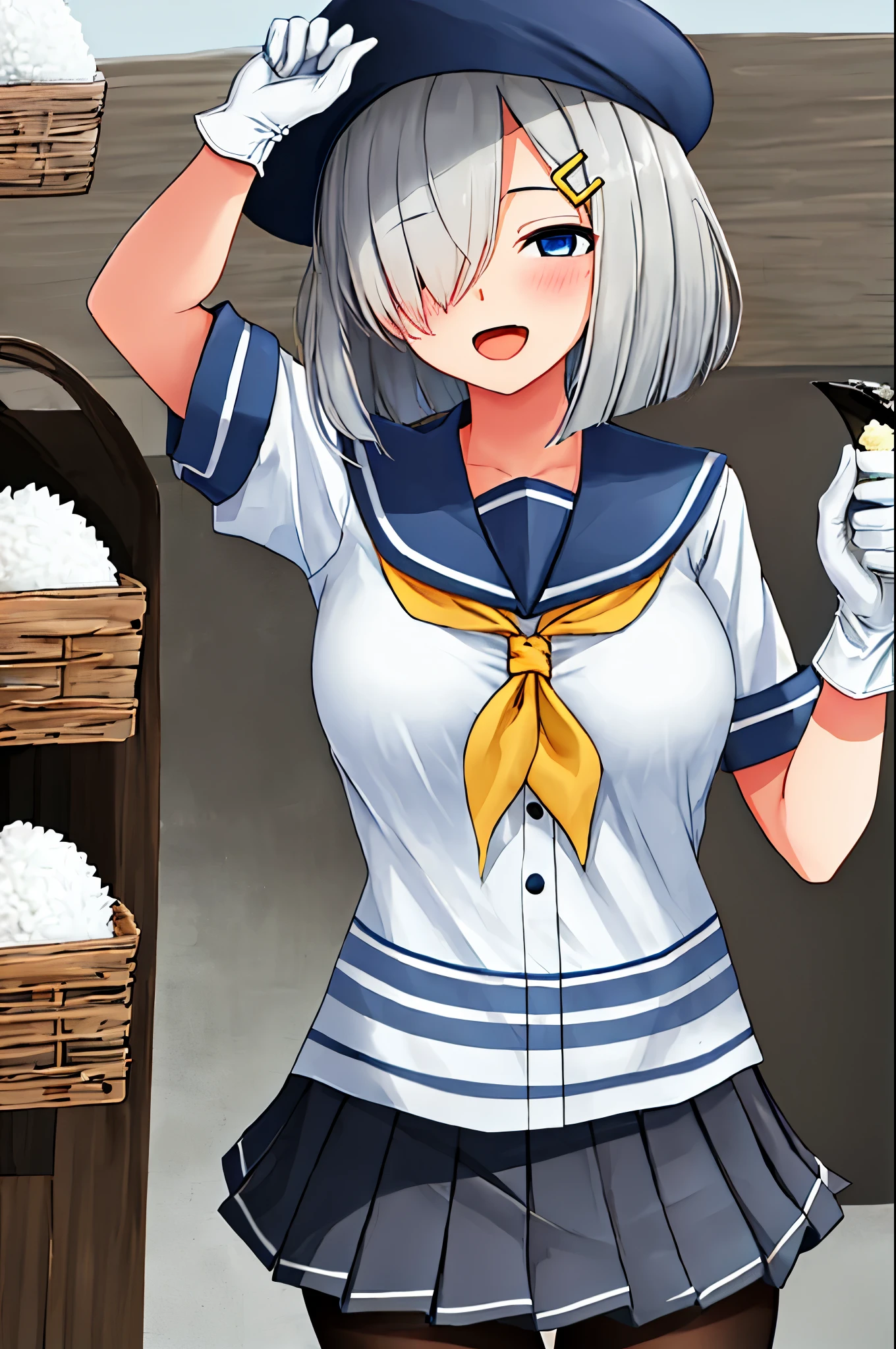 best quality, masterpiece, highres, solo, {hamakaze_kantaicollection:0.90}, 1girl, loli,younger_teen,black_pantyhose, pleated_skirt, serafuku, short_sleeves, simple_background, white_background, yellow_neckerchief, white_gloves, looking_at_viewer, grey_skirt, blush, eyes_visible_through_hair, blue_sailor_collar, dynamic_posing,long_bangs,hair_over_one_eye,harbor_school_background,outdoor,large_breasts,onigiri,riceball,girl_eating_riceball,happy,open_mouth,grab_a_riceball