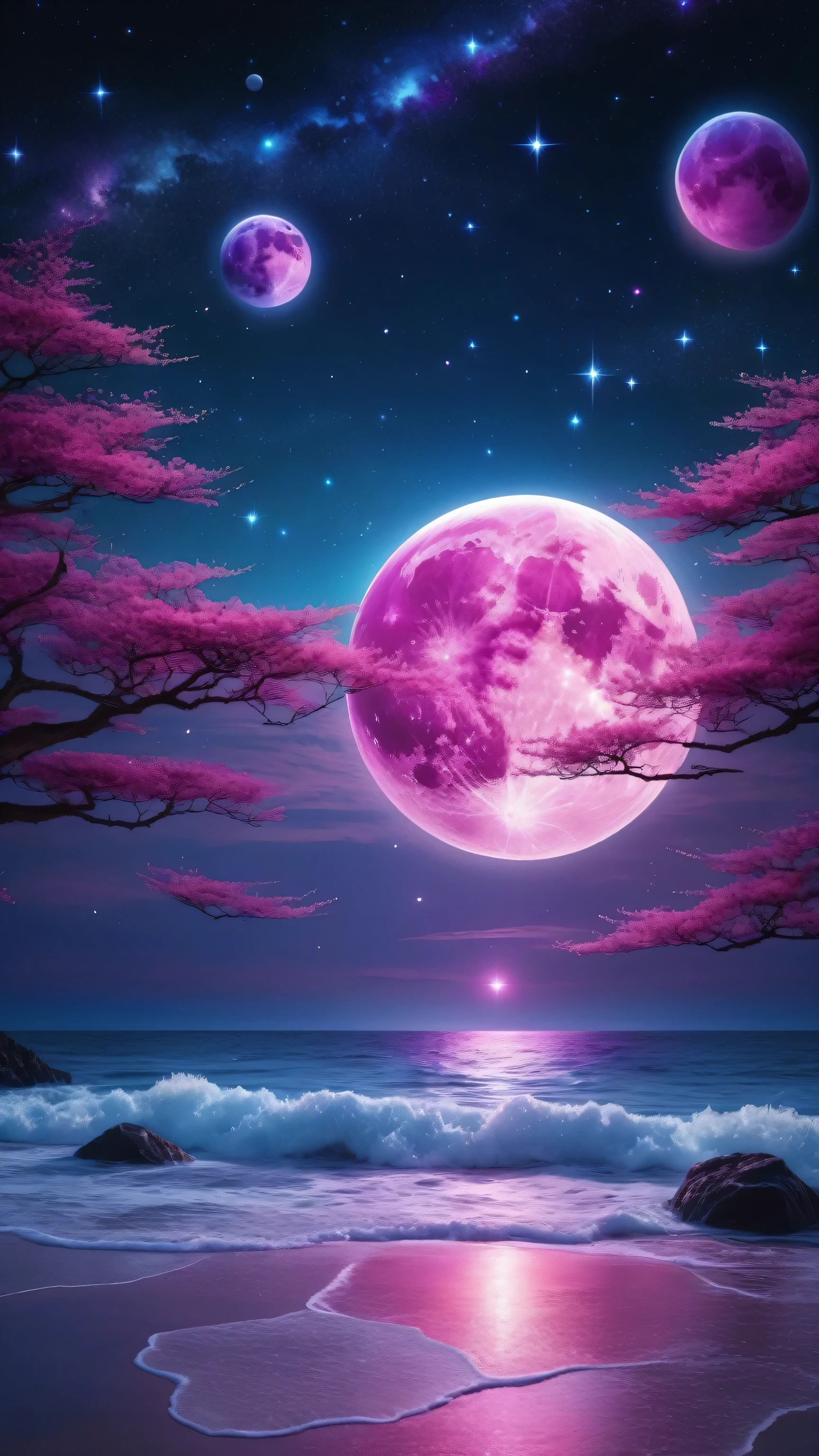 On a starry night with small clouds floating、Magenta and pink moon、Purple and sparkling light blue spheres reflecting light in the ocean。. A space of sparkling stars, It&#39;s a bright neon glow from outer space: Vibrant electric light blue expanse glowing sphere, Emerald green、Bright pink、Purple shines mysteriously against the dark background.. this concept art, Expressed as a digital painting, captures the essence of a lovley and opulent space scene showcasing complicated details and exquisite craftsmanship. Fascinating sparkling light, cleverly expressed, Create a sense of awe and wonder, Immerse your audience in the enchanting beauty of this otherworldly creation.macro photograph, Haute Couture, Surreal, high quality, Super detailed, Professional Photograph, beautiful, Transparent photograph, Professional Movies, Professional Photograph, Super detailed, Ultra-realistic, Cinematic, Sharp focus, Bright light, Detailed, complicated, Absurd, masterpiece. RAWphotograph, Edited by Photograph, Film stock photograph, photograph, Fujifilm Superior Premium 400, Nikon D850 Film stock photograph Kodak Portra 400 camera f1.6 Lenses, 8k, Ultra-high resolution