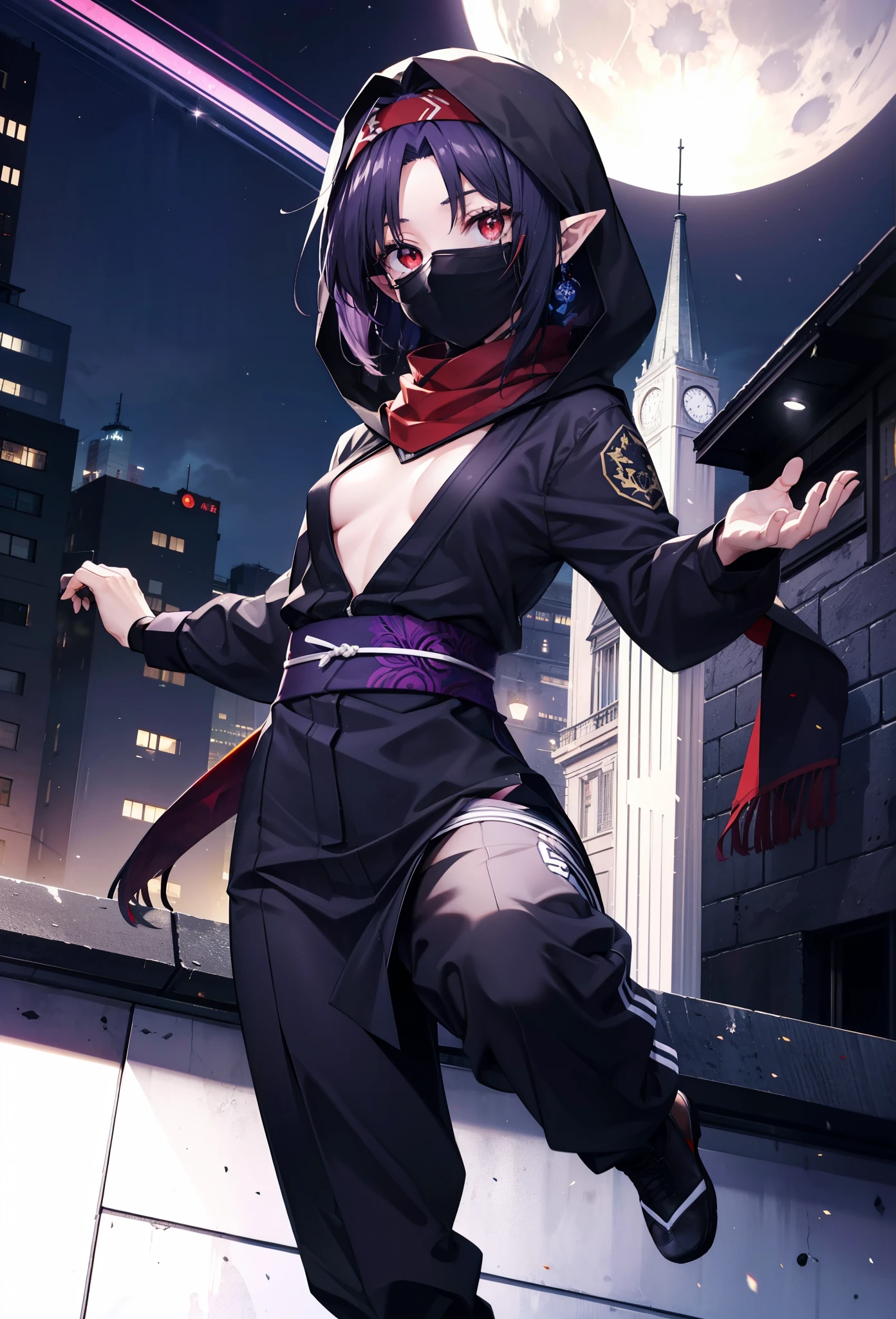 yuukikonno, Yuki Konno, hair band, Long Hair, Pointy Ears, Purple Hair, (Red eyes:1.5), (Small breasts:1.2),Hooded,cover your mouth with a black scarf,strict,black Ninja uniform,Ninja,black Ninja pants,short boots,Action pose,Overlooking the city from the roof of the building,moon,moon明かり,night,whole bodyがイラストに入るように,
break looking at viewer, whole body,
break outdoors ,Medieval European-style building,
break (masterpiece:1.2), highest quality, High resolution, unity 8k wallpaper, (shape:0.8), (Beautiful and beautiful eyes:1.6), Highly detailed face, Perfect lighting, Highly detailed CG, (Perfect hands, Perfect Anatomy),