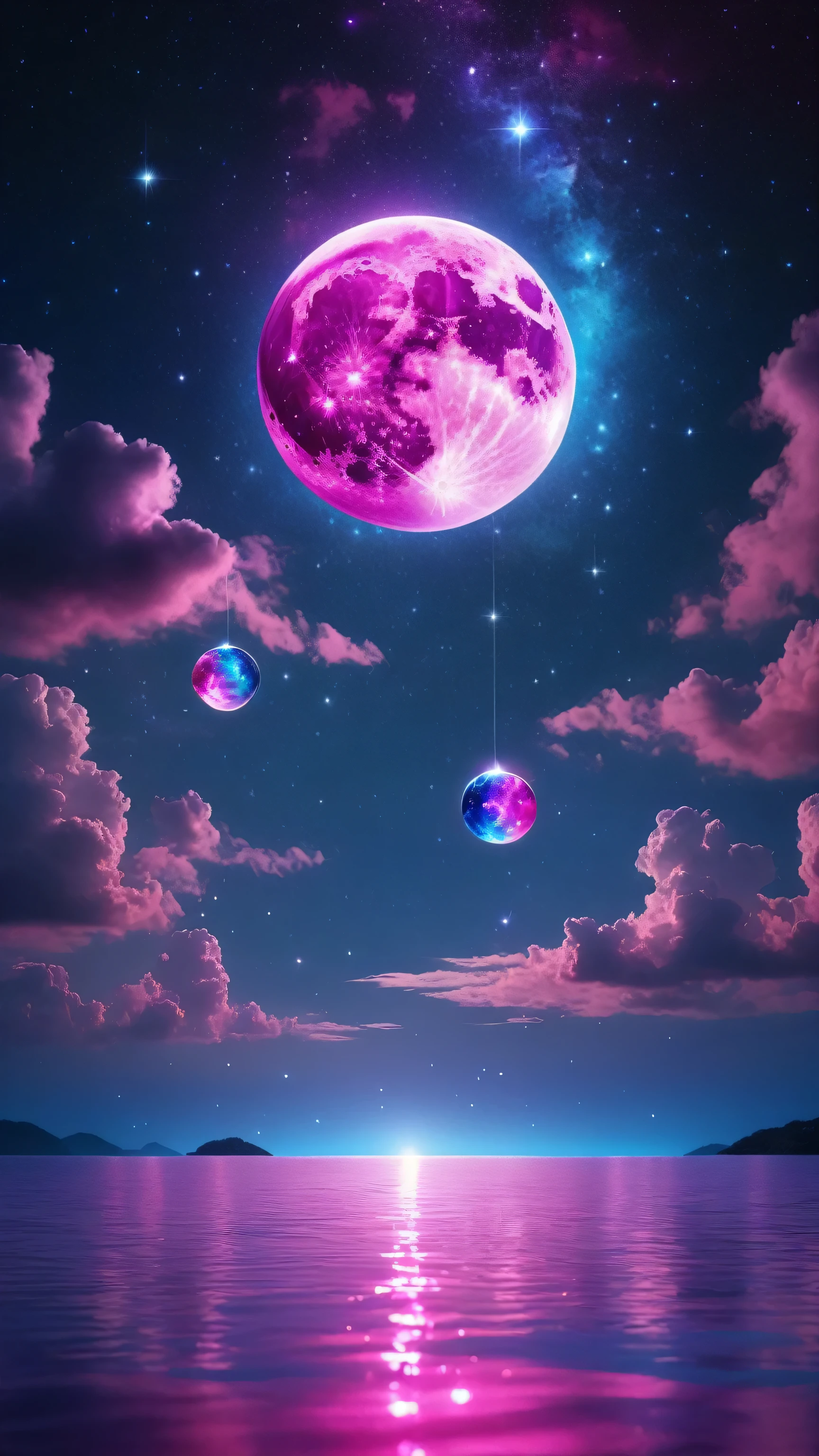 On a starry night with small clouds floating、Magenta and pink moon、Purple and sparkling light blue spheres reflecting light in the ocean。. A space of sparkling stars, It's a bright neon glow from outer space: Vibrant electric light blue expanse glowing sphere, Emerald green、Bright pink、Purple shines mysteriously against the dark background.. this concept art, Expressed as a digital painting, captures the essence of a lovley and opulent space scene showcasing complicated details and exquisite craftsmanship. Fascinating sparkling light, cleverly expressed, Create a sense of awe and wonder, Immerse your audience in the enchanting beauty of this otherworldly creation.macro photograph, Haute Couture, Surreal, high quality, Super detailed, Professional Photograph, beautiful, Transparent photograph, Professional Movies, Professional Photograph, Super detailed, Ultra-realistic, Cinematic, Sharp focus, Bright light, Detailed, complicated, Absurd, masterpiece. RAWphotograph, Edited by Photograph, Film stock photograph, photograph, Fujifilm Superior Premium 400, Nikon D850 Film stock photograph Kodak Portra 400 camera f1.6 Lenses, 8k, Ultra-high resolution