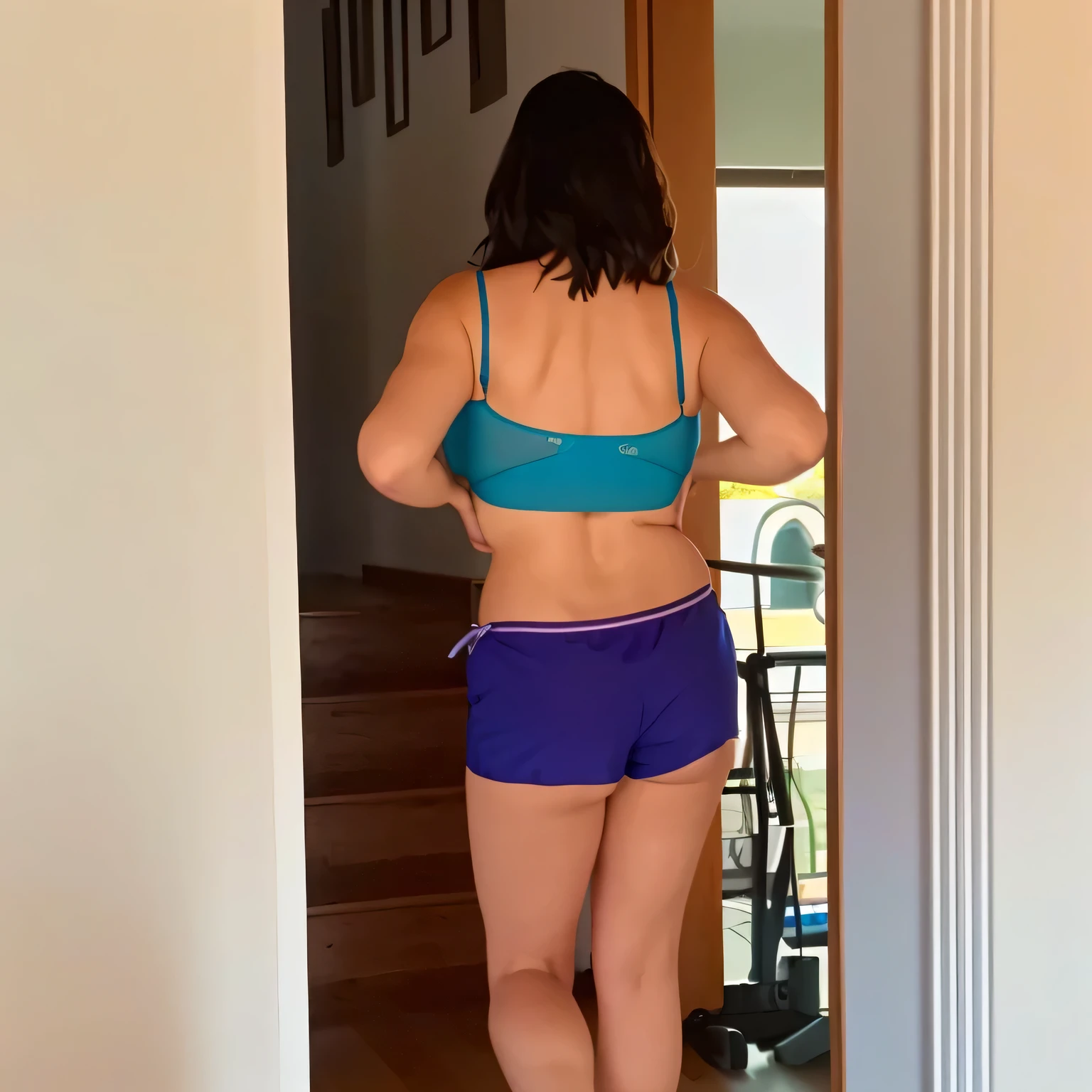 there is a woman in a blue bikini and purple shorts, view from the back, seen from the back, side view of her taking steps, shapely derriere, seen from behind, middle shot waist up, sport bra and dark blue shorts, in shorts, view from behind, looking outside, shot from the back, photographed from the back, waist - shot