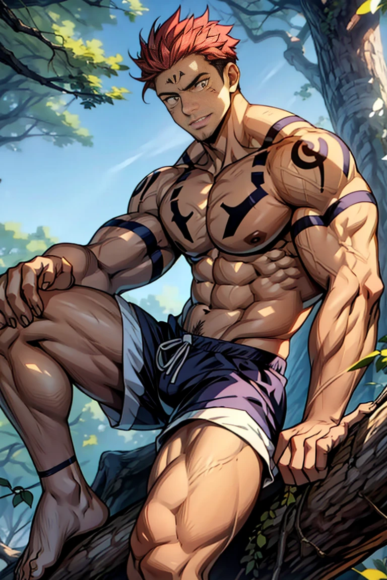 (canto da foto de baixo para cima) (imagem da mais alta qualidade) Lion man ,real, jovem, , vestindo shorts, virilha saliente, imagem de anime, Leaning against a tree, pernas bem abertas, male face, bonito rosto jovem, cabelo subcortado, huge muscle muscles of the chest, large strong thigh muscles, Biceps Sinewy muscles, Corpo enorme, corpo tonificado devido ao treinamento intenso, Well-developed muscles, ABS transparente de 8 embalagens, 3 metros de altura, topless, , pele brilhante, rede de suor pingando, hands on thighs, bare feet, Sem barba,Thick Legs,