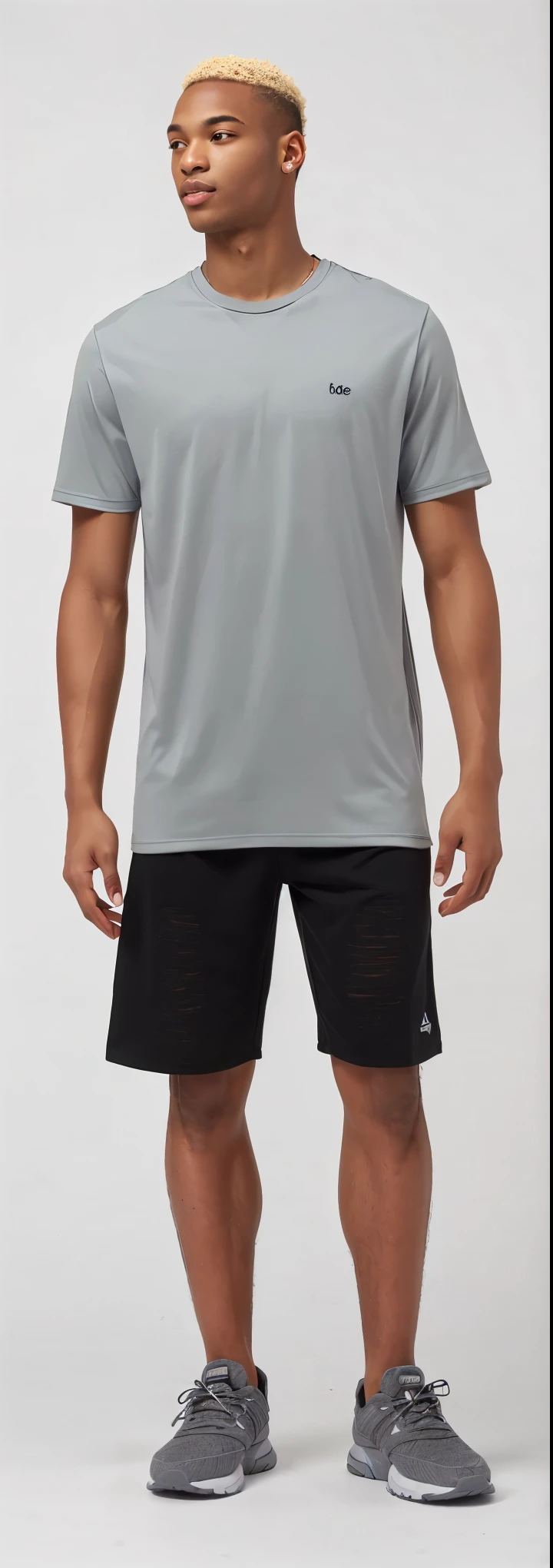 fit man in gray shirt and black shorts standing, vestindo shorts e camiseta, camisa cinza, solid gray, gray shorts and black socks, em cinza metalizado, full body distant view, imagem detalhada do produto, jovem com short, modern Roupa casual, pele bronzeada, camiseta e shorts, foto de corpo inteiro hiperdetalhada, Roupa casual, vestindo shorts pretos