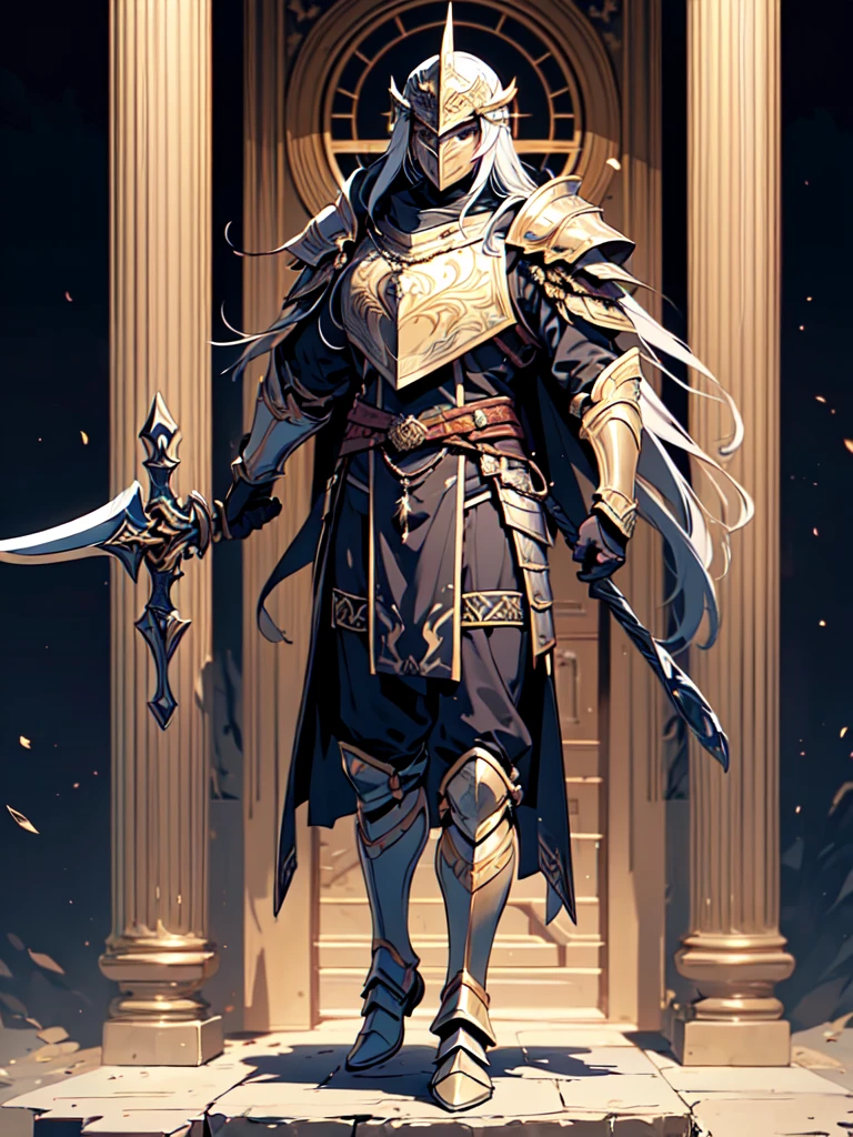 (((masterpiece, best quality, high detailed, 8k))) Design a layout showcase Gaming character, (1girl). valkyrie White|Blue|Gold armor, elegant and majestic. ((showcase weapon:1.4)), celestial sword. (masterpiece:1.2), (best quality), 4k, ultra-detailed. (Step by step design, layout art:1.5), (luminous lighting, atmospheric lighting). divine warrior, ((glove full hands)), (((regal armor:1.3))), shoulder pauldrons, armored boots, (((full_body_shot:1.4))). {In a radiant celestial realm}.