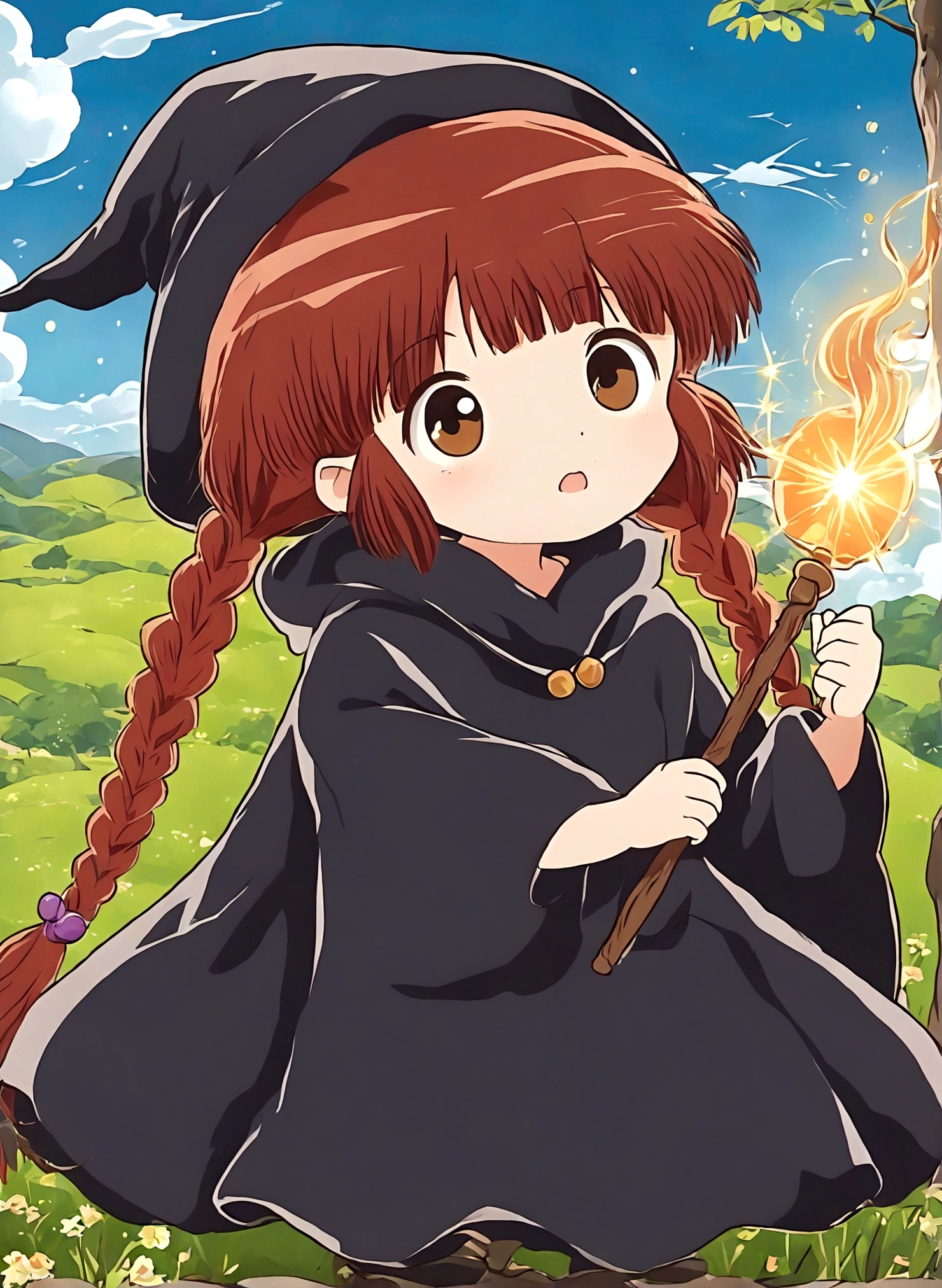 Brown double braids、, Cute anime style Hagrid, a young witch, Anime cute art style, Marisa Kirisame, Witch Girl, Anime Characters, as an Anime Characters, Possess magical powers, young wizard, A different world, Holding a magic wand（8K）（HD）（（best quality））， （（Intricate details））， （（Surrealism））