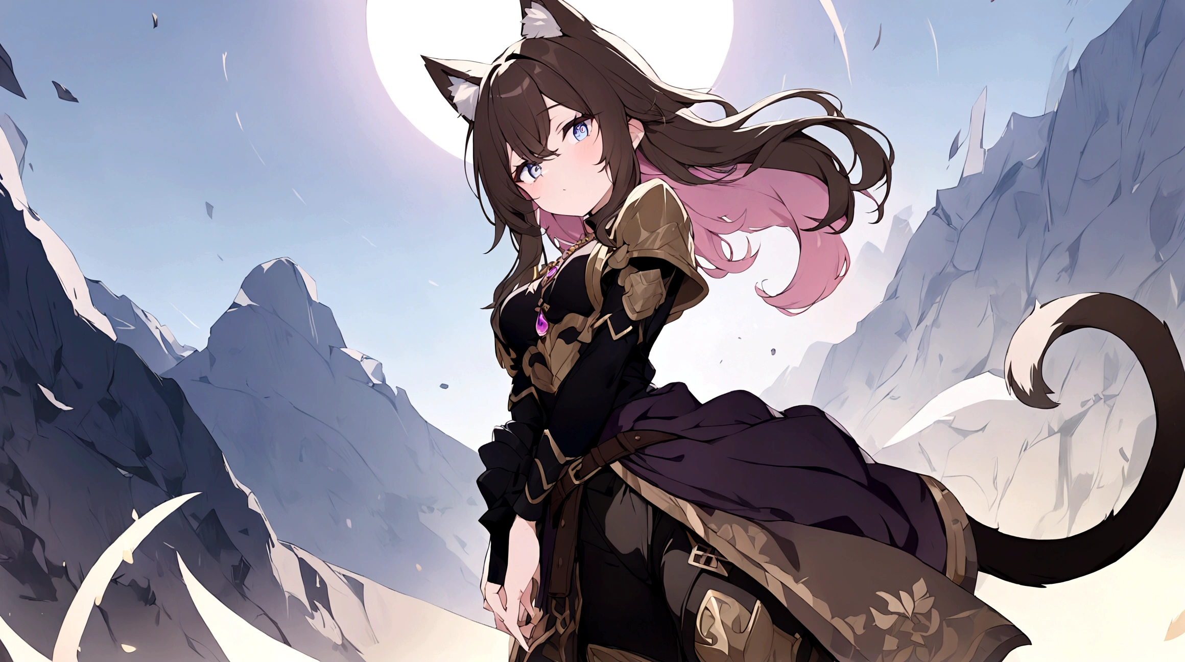 (1girl, Masterpiece, best quality) (detailed and beautiful eyes:1.6) (perfect hands, perfect anatomy) ( A young female character with long, brown hair featuring lighter streaks, styled in loose waves. She has striking (purple eyes and a confident, slightly defiant expression). She has distinctive (cat-like ears, brown with pink inner fur with tail. She wears a black and dark purple form-fitting top adorned with gold and red accents, including intricate patterns. Over this, she has a dark-purple cloak covering with gold detailing. Accessories include a fiolet gemstone necklace and a belt with gold ornaments. The character is depicted in a dynamic low-angle shot, giving a sense of power and movement. The background is abstract with a gradient from dark to light hues, adding depth and emphasizing the character. The lighting is warm and dramatic, with strong highlights and shadows enhancing the overall design. She has a brown belt with dark fiolet accents cinched around her waist and wears brown pants with armored greaves.