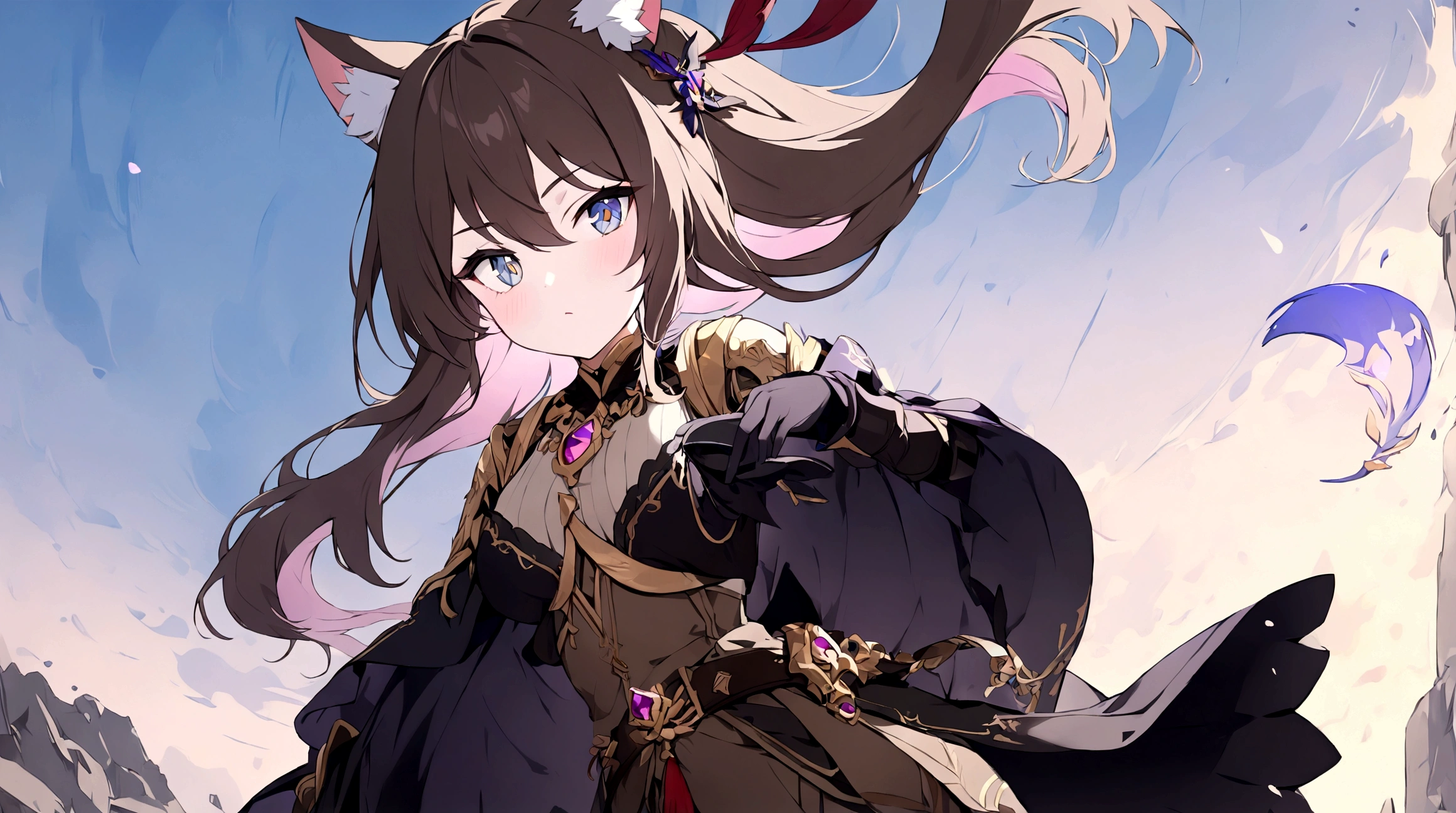 (1girl, Masterpiece, best quality) (detailed and beautiful eyes:1.6) (perfect hands, perfect anatomy) ( A young female character with long, brown hair featuring lighter streaks, styled in loose waves. She has striking (purple eyes and a confident, slightly defiant expression). She has distinctive (cat-like ears, brown with pink inner fur with tail. She wears a black and dark purple form-fitting top adorned with gold and red accents, including intricate patterns. Over this, she has a dark-purple cloak covering with gold detailing. Accessories include a fiolet gemstone necklace and a belt with gold ornaments. The character is depicted in a dynamic low-angle shot, giving a sense of power and movement. The background is abstract with a gradient from dark to light hues, adding depth and emphasizing the character. The lighting is warm and dramatic, with strong highlights and shadows enhancing the overall design. She has a brown belt with dark fiolet accents cinched around her waist and wears brown pants with armored greaves.
