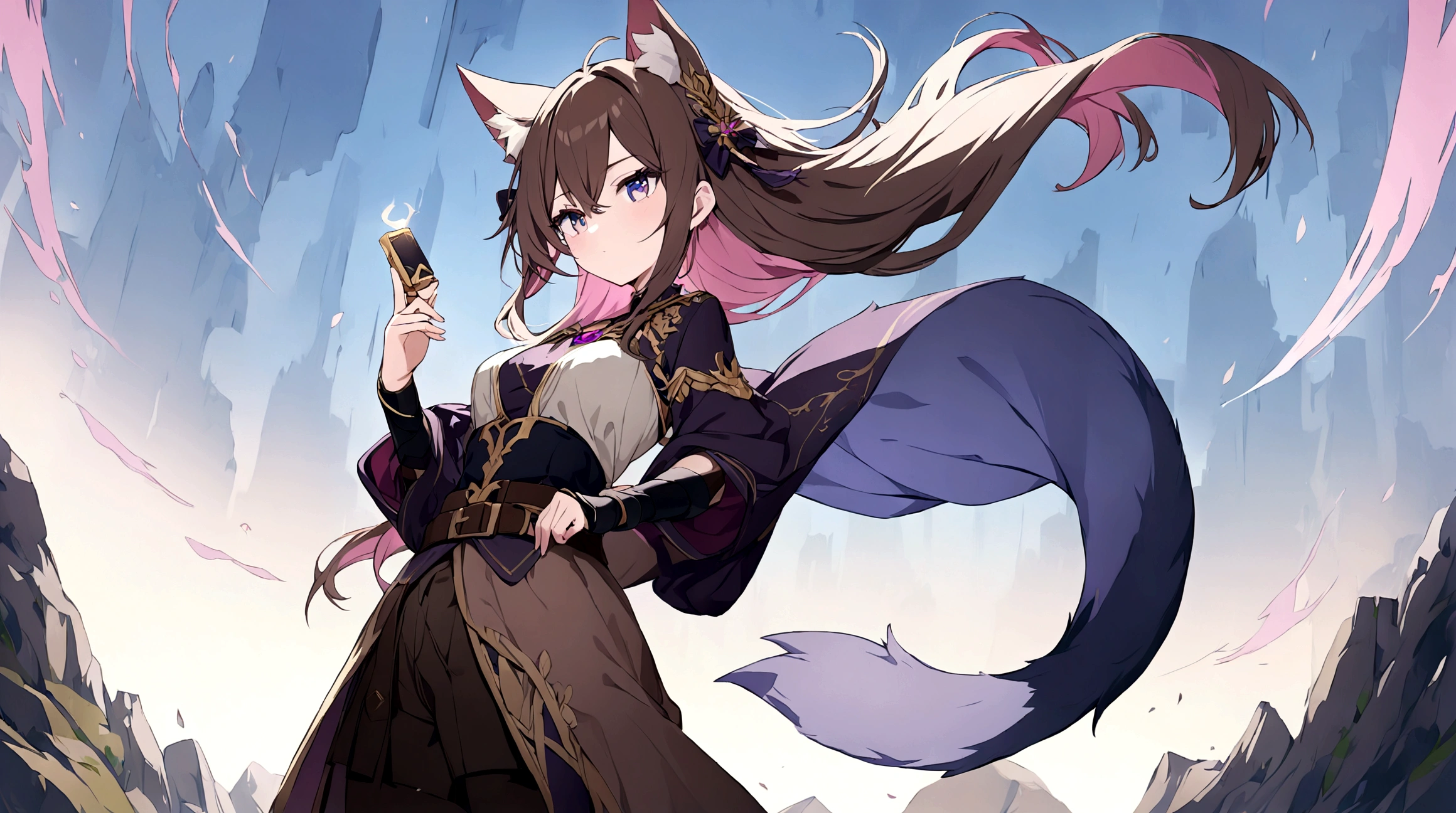 (1girl, Masterpiece, best quality) (detailed and beautiful eyes:1.6) (perfect hands, perfect anatomy) ( A young female character with long, brown hair featuring lighter streaks, styled in loose waves. She has striking (purple eyes and a confident, slightly defiant expression). She has distinctive (cat-like ears, brown with pink inner fur with tail. She wears a black and dark purple form-fitting top adorned with gold and red accents, including intricate patterns. Over this, she has a dark-purple cloak covering with gold detailing. Accessories include a fiolet gemstone necklace and a belt with gold ornaments. The character is depicted in a dynamic low-angle shot, giving a sense of power and movement. The background is abstract with a gradient from dark to light hues, adding depth and emphasizing the character. The lighting is warm and dramatic, with strong highlights and shadows enhancing the overall design. She has a brown belt with dark fiolet accents cinched around her waist and wears brown pants with armored greaves.