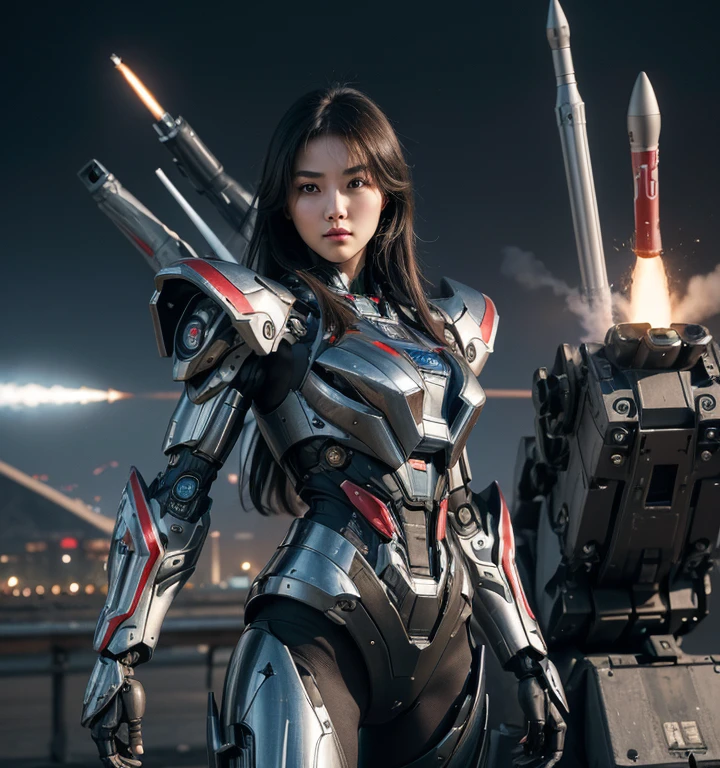 Super detailed, advanced details, high quality, High resolution, 1080p, hard disk, beautiful,(Humanoid Weapons),Armor War,(Rocket Missile)Capture the big picture,beautiful,Mecha cyborg girl,battle mode,Mecha body girl,She is wearing a futuristic war machine weapon mecha