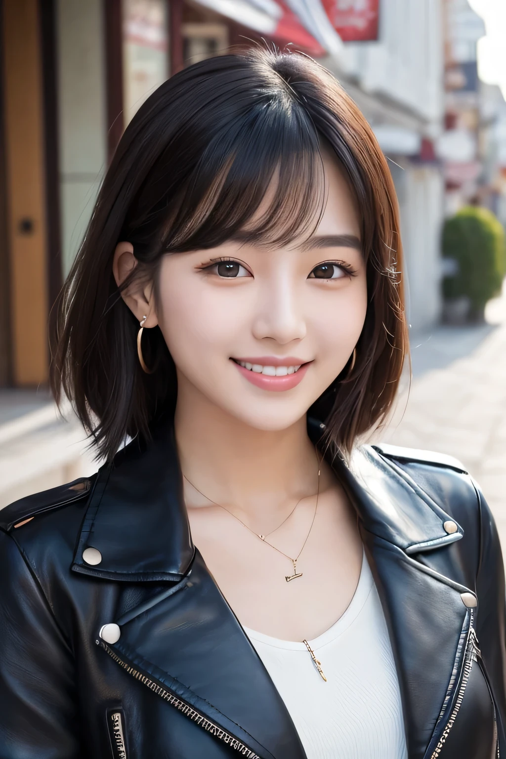 Beautiful young woman of the year、 Korean women、Black Hair、Necklace around the neck、leather jacket、shirt、smile, Beautiful teeth alignment、Intricate details, Very detailed:1.2), 、 Looking into the camera,The background is the town、Ear piercing
、Ear piercing
