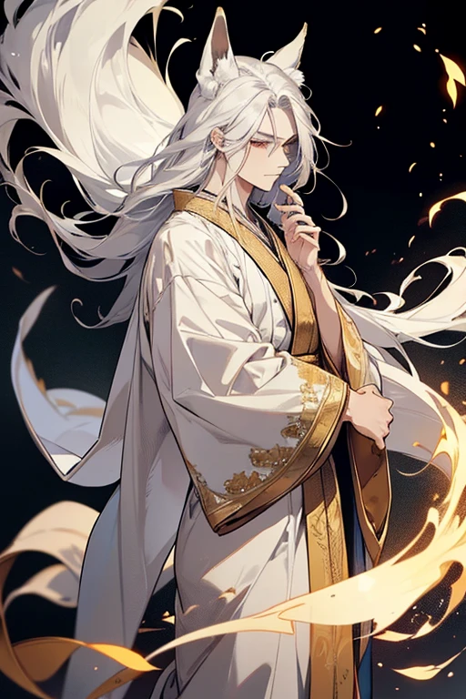 A beautiful, ethereal male character with long, flowing silver hair and fox ears. He has golden eyes and is wearing traditional Japanese robes in white and gold. His hair and robes flow gracefully, giving a sense of elegance and otherworldly charm. The background is simple and white, focusing attention on the character's serene and captivating appearance