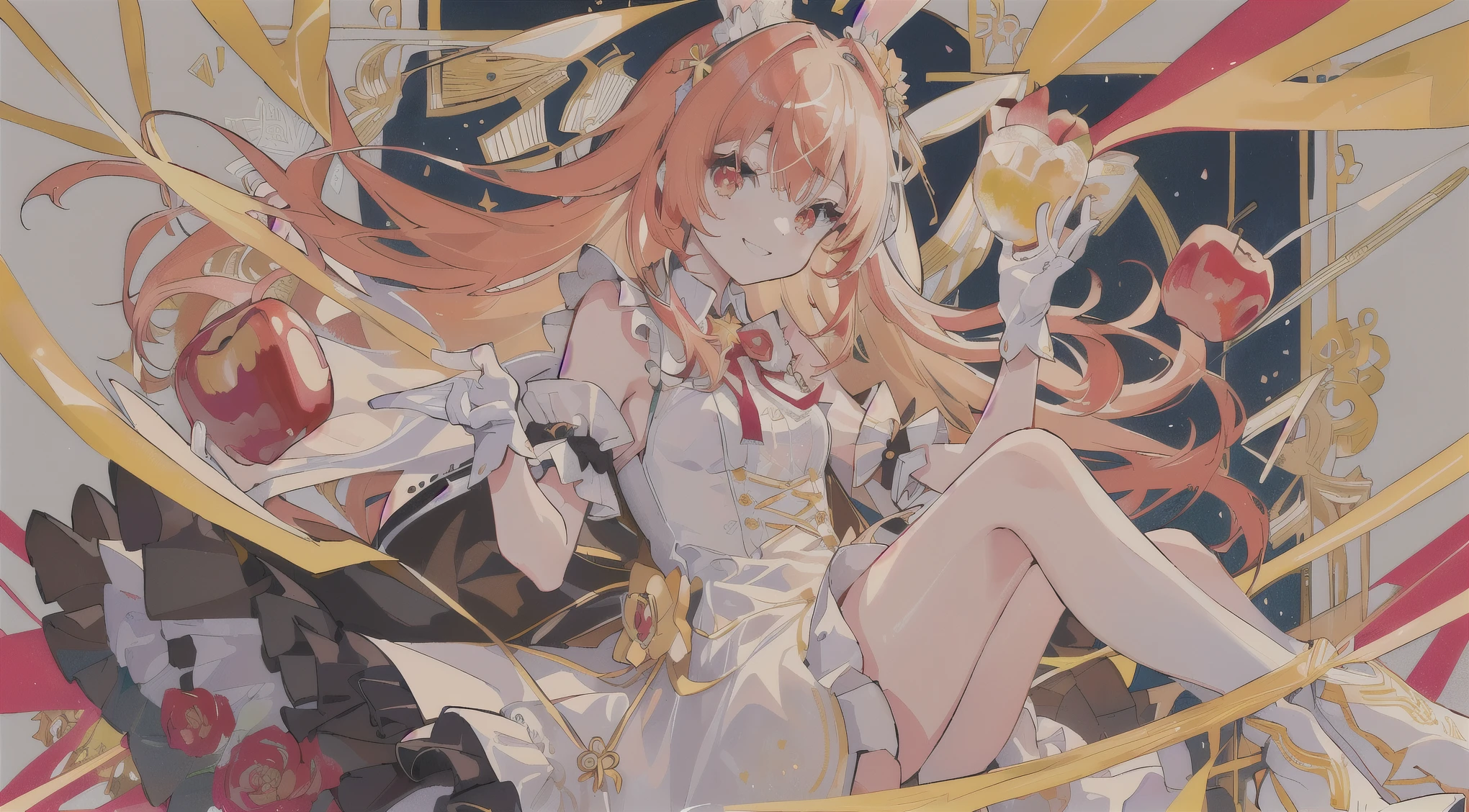 Transparent watercolor, girl, Gemstone Eyes, Beautiful arrangements and motifs, Depth of the Boundary, Flat avatar, one girl, smile, Bright redhead (head: Bunny ears, Wavy Hair), Stylish design with red rabbit ears (Red-white), White Background, high quality Gemstone Eyes, Sparkling, Pop Art, Line art, Anthropomorphic apple, Red gradient, Red eyes, Yellow or white hair, intricately designed dress、Apple design dress、Yellow cloth、Red cloth、Millefeuille Dress Layered Dress、White gloves on hands、Red ribbon、Cute ribbon、Orange and yellow mixed hair color、high quality、Cool composition、Cool pose、Shadow、Transparent watercolor、可愛いsmile、Receptionist、可愛いReceptionistのコスチューム、Holds a big apple bomb、Apple-shaped bomb、Apple Bomb、explosion