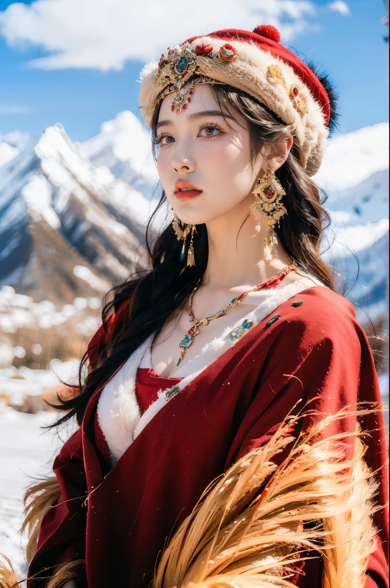 (masterpiece, best quality:1.2),red Tibetan clothing,1 Tibetan girl, blue sky, cloud, cloudy sky, day, earrings,Plush hat, horizon,Tibetan Earrings,jewelry,necklace, lips,snow mountain, outdoors, parted lips, red lips, solo, upper body,cleavage,gigantic breasts