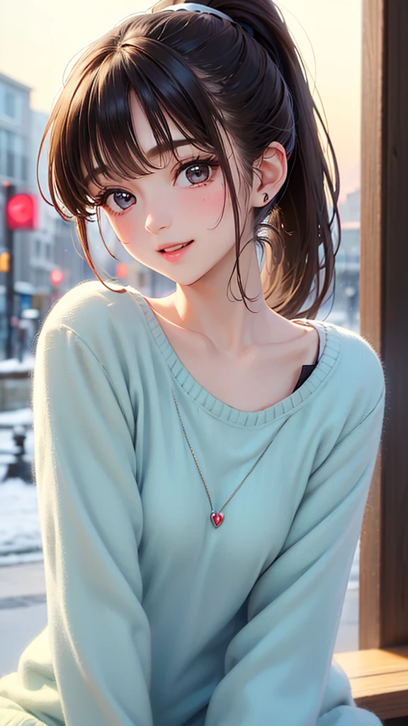 (Woman close up)、Depiction of the upper body、((20-year-old female))、((Smile))、((ponytail、Brown Hair))、((Blushing))、((Open your mouth a little、High resolution、32K))、Cute Winter Clothes、((Late night love hotel district、neon))