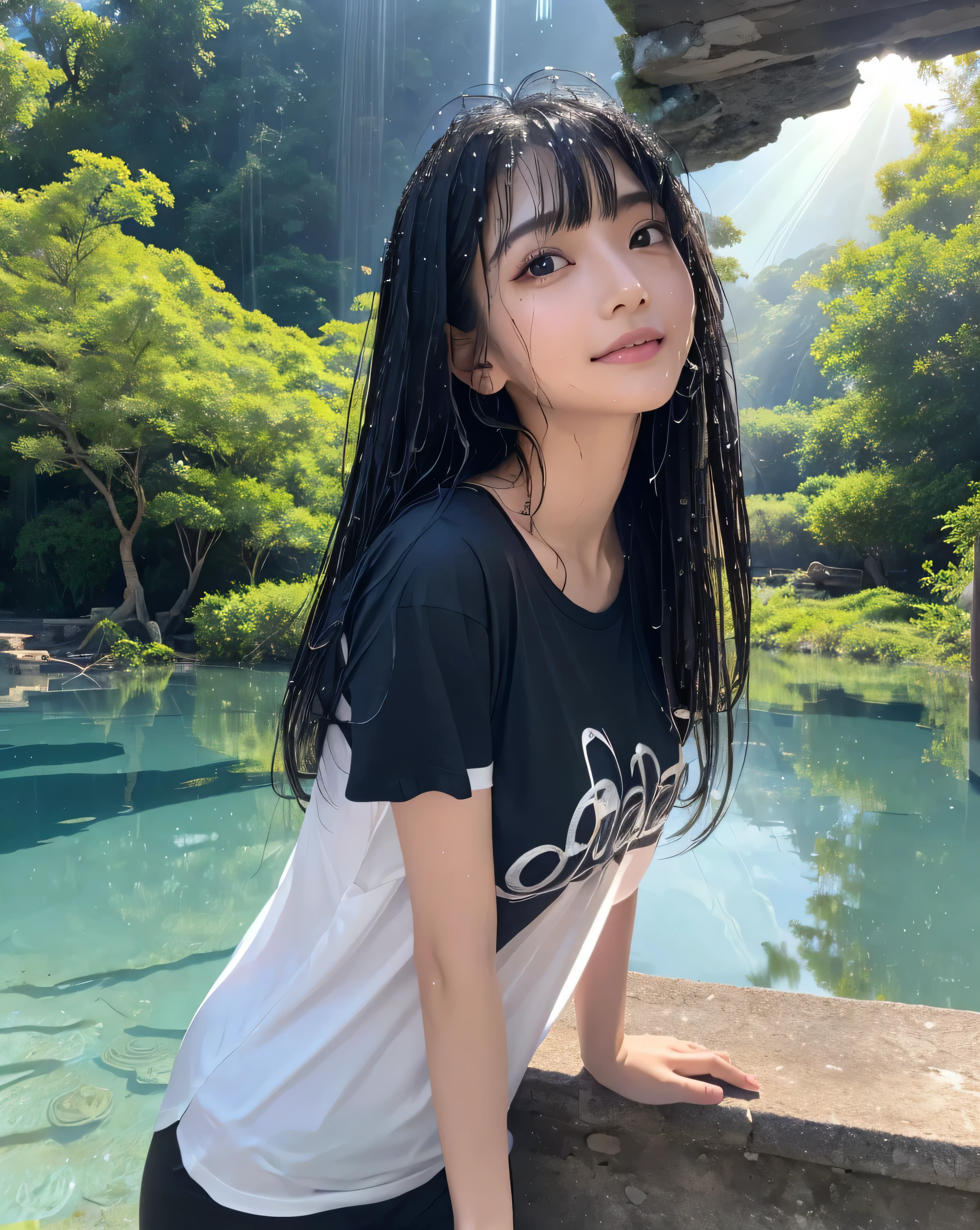 (highest quality, 32k, High resolution, Masterpiece:1.5, ), marimo_jet, god々A photograph with brilliant dazzling and healing power., Evoking a sense of calm and elusive beauty, Expressing emotions, Have a rich imagination,Beautiful Japanese Girls, An exceptionally beautiful face, Small Face Beauty, ((Looking up at the sky:1.1)), Perfect Human Anatomy, Magical big eyes, Motherhood and generosity, Deep Love, fleeting smile, shiny wet black hair, Super Long Straight Silk Hair, Asymmetrical bangs, Hair between the eyes, Transparent, soft white skin, Sharp eyebrows, Thin lashes, Natural Makeup, Cheek highlighter, Pale pink detailed lips, , ((Wet black t-shirt:1.2)), Slim figure with ample breasts, High resolutionの美しい太もも,  ((Ancient ruins submerged in a blue lake:1.3)), ((It rains:1.2)), ((Background of light shining through a gap in the cloudy sky:1.3)), Dazzling Sun, Professional Lighting, Professional photographer, Professional models, God&#39;s Secret