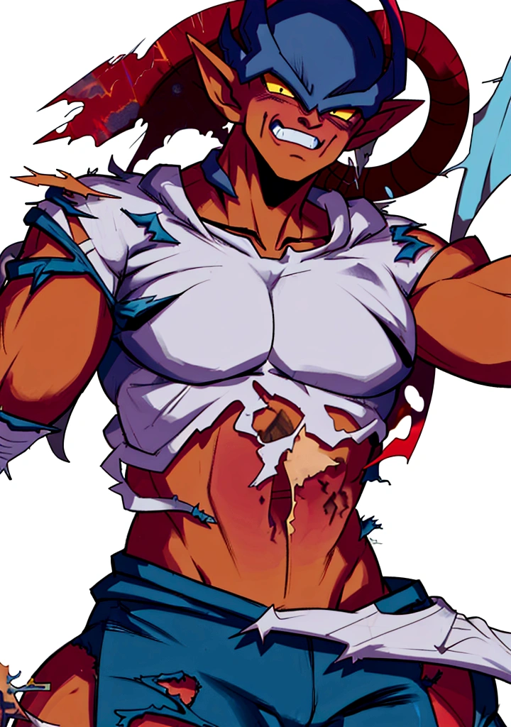 (solo:1.5),(1boy:1.3),(topless_male:1.5),janemba,standing,(wasteland),(wind_lift),(bare shoulders:1.2),((armor fragments:1.2)),(battle damage:1.5),(tearing clothes:1.8),fang_out,(evil smile:1.2),