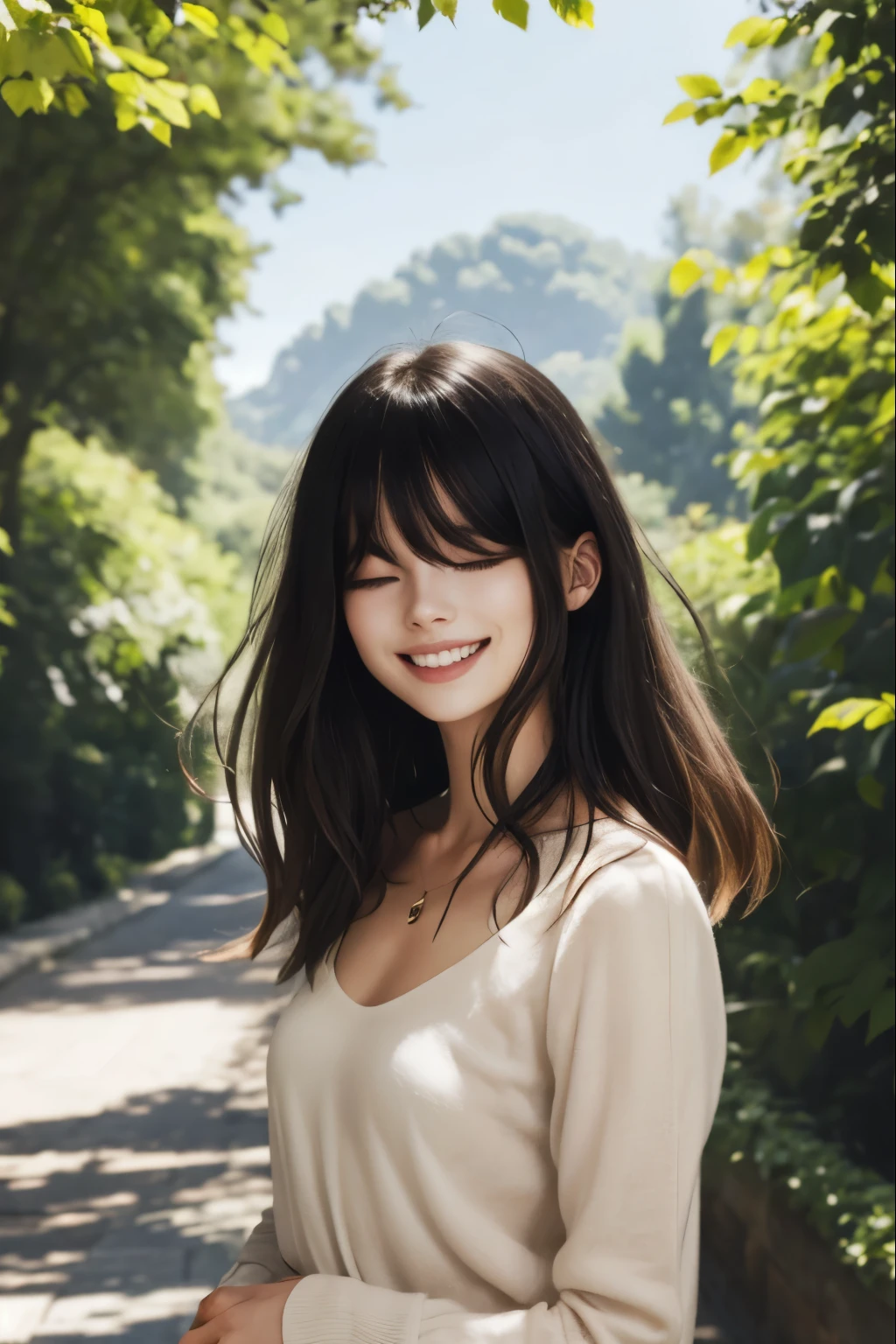 masterpiece, woman, solo, hair over eyes, outdoors, smile, natural lighting