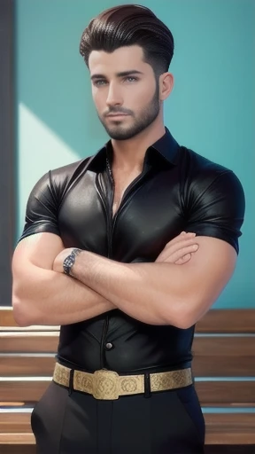 A muscular man, detailed handsome face, short black hair,open shirt, yellow black strips pattern formal shirt with folded collar, large breasts, sexy expression, looking directly at viewers romantically, black pants,