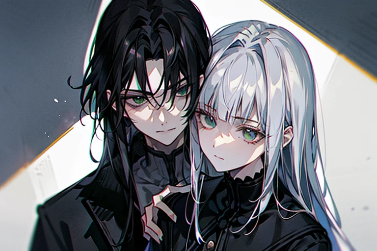 "Epic Dark, atmospheric. A mature couple embracing. The woman with flowing white hair and mesmerizing green eyes, and the man with sleek black hair and piercing green eyes." very detail and bright background， HDR， Face light， hyperrealistic， a high resolution， photo， granularity， color difference， Sharp Focus， HDR， Face light source， dynamic lighting， cinematic lighting， Professional shadows， dark shadow， highest detail，very detailed，Hyper detail，small parts，white shirt，Exquisite facial features，detailed faces and eyes
