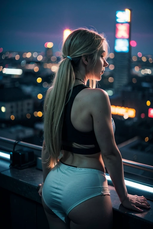 Silhouette of a cute girl looking out at the big scifi city,Backlit,blonde long hair,cyberpunk,neon,night,tank top,windy,bird’s eye view,wide angle,long shot