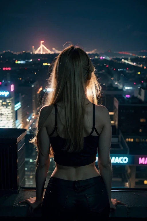 Silhouette of a cute girl looking out at the big scifi city,Backlit,blonde long hair,cyberpunk,neon,night,tank top,windy,bird’s eye view,wide angle,long shot