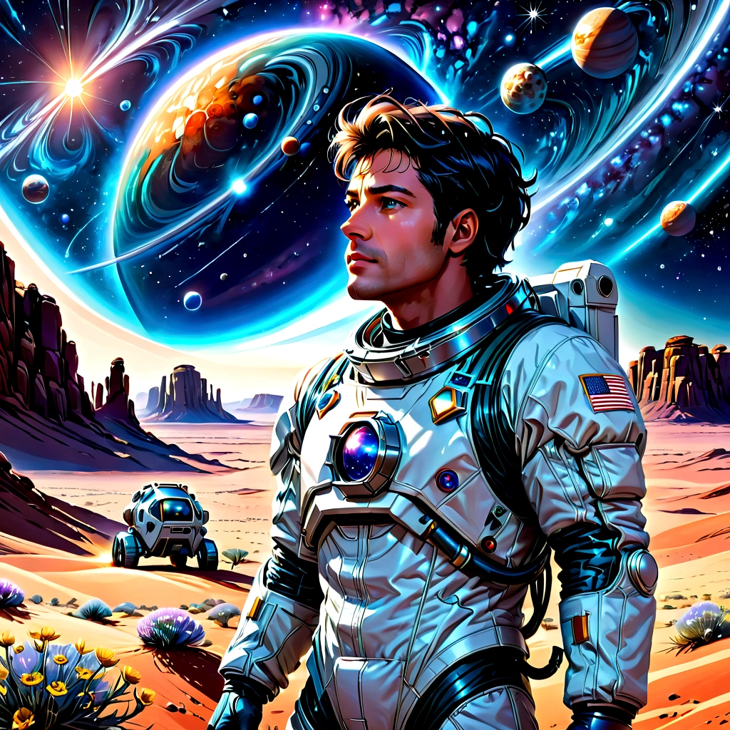 tonalidade roxa,tons brilhantes,Close-up of a man in a space suit standing in the desert, planetes, flutuando ao lado dos planetas, Standing in outer space, Makoto Shinkai Cyril Rolando, Amazing wallpapers, Viagem espacial, Looking into space, fundos de anime, cosmos sem fim no fundo, e McPharlin, Kilian Eng.. mais suave