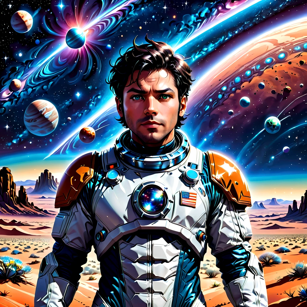 tonalidade roxa,tons brilhantes,Close-up of a man in a space suit standing in the desert, planetes, flutuando ao lado dos planetas, Standing in outer space, Makoto Shinkai Cyril Rolando, Amazing wallpapers, Viagem espacial, Looking into space, fundos de anime, cosmos sem fim no fundo, e McPharlin, Kilian Eng.. mais suave