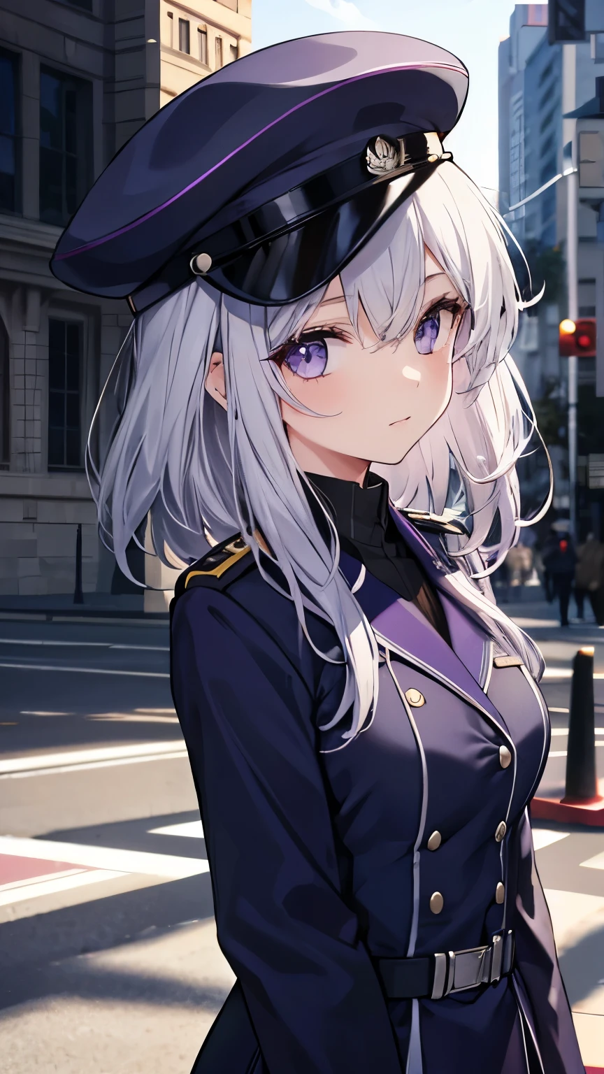 Girl,uniform,military cap,soldier,navy,Silver Hair,Purple Eyes
