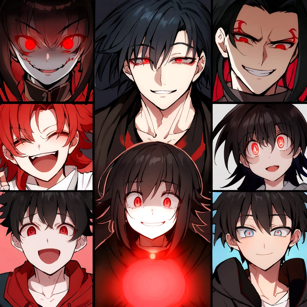 Laughing anime boy with red eyes and black hair, His eyes are glowing red, [[[[smile wickedly]]]], His eyes were glowing red, gapmoe yandere, Eyes completely red、lack of pupils, Okikata Kazuto, Male Anime Characters, Red eyes glow, Laughing lasciviously, With eyes that glow red