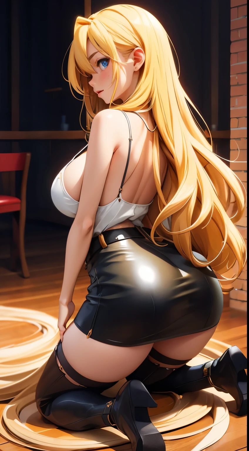 anime girl, blond long hair, perfectly round ass, spaghetti strap top, short black leather skirt ,thick thighs, thighhighs, kneeling, from behind, on floor, masterpiece, highres, super detail, anatomically correct, high details, (solo), big ass, 