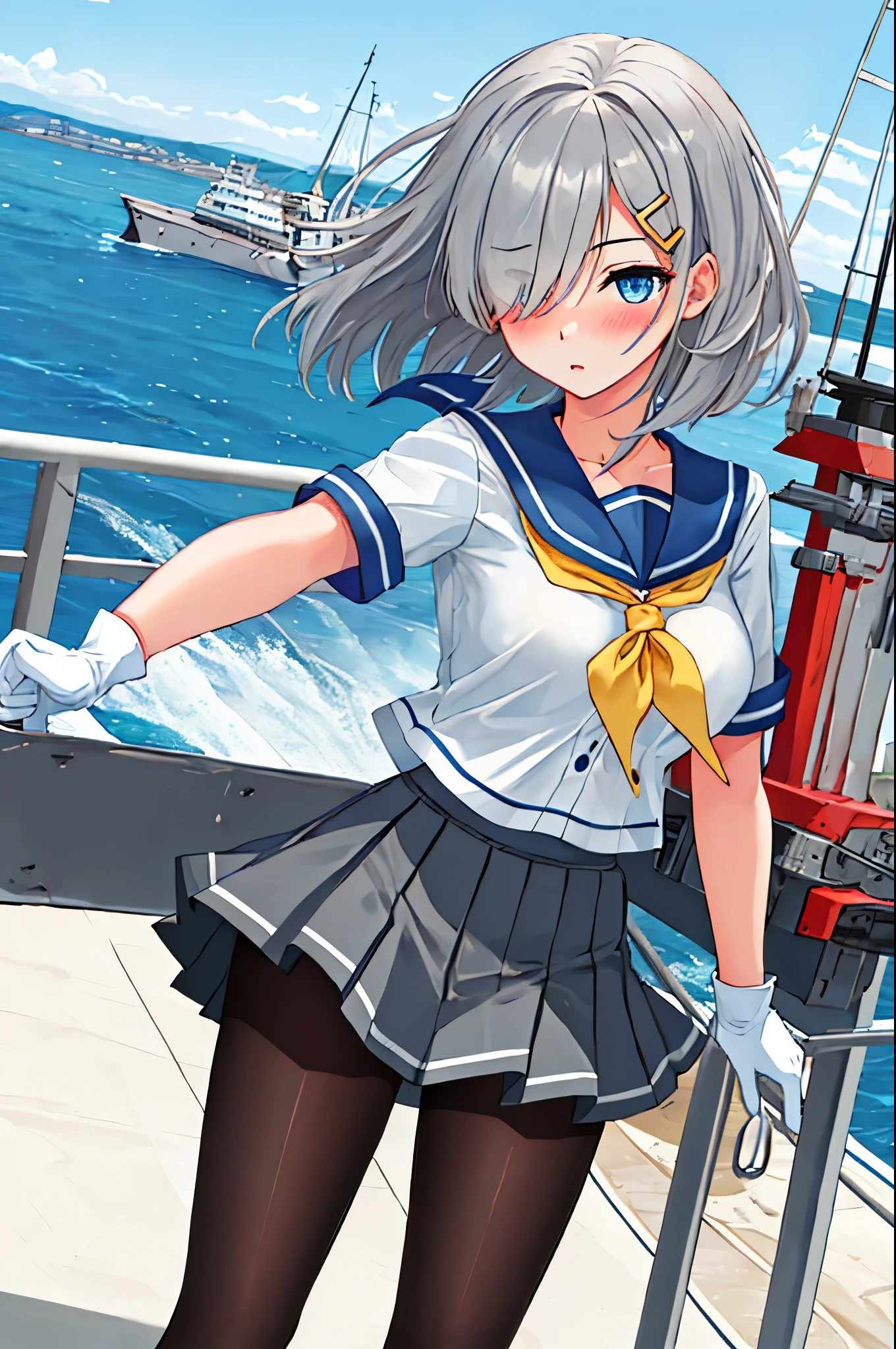 best quality, masterpiece, highres, solo, {hamakaze_kantaicollection:0.90}, 1girl, li,younger_telack_pantyhose, pleated_skirt, serafuku, short_sleeves, simple_background, white_background, yellow_neckerchief, white_gloves, looking_at_viewer, grey_skirt, blush, eyes_visible_through_hair, blue_sailor_collar, dynamic_posing,long_bangs,hair_over_one_eye,harbor_school_background,outdoor,large_breasts,