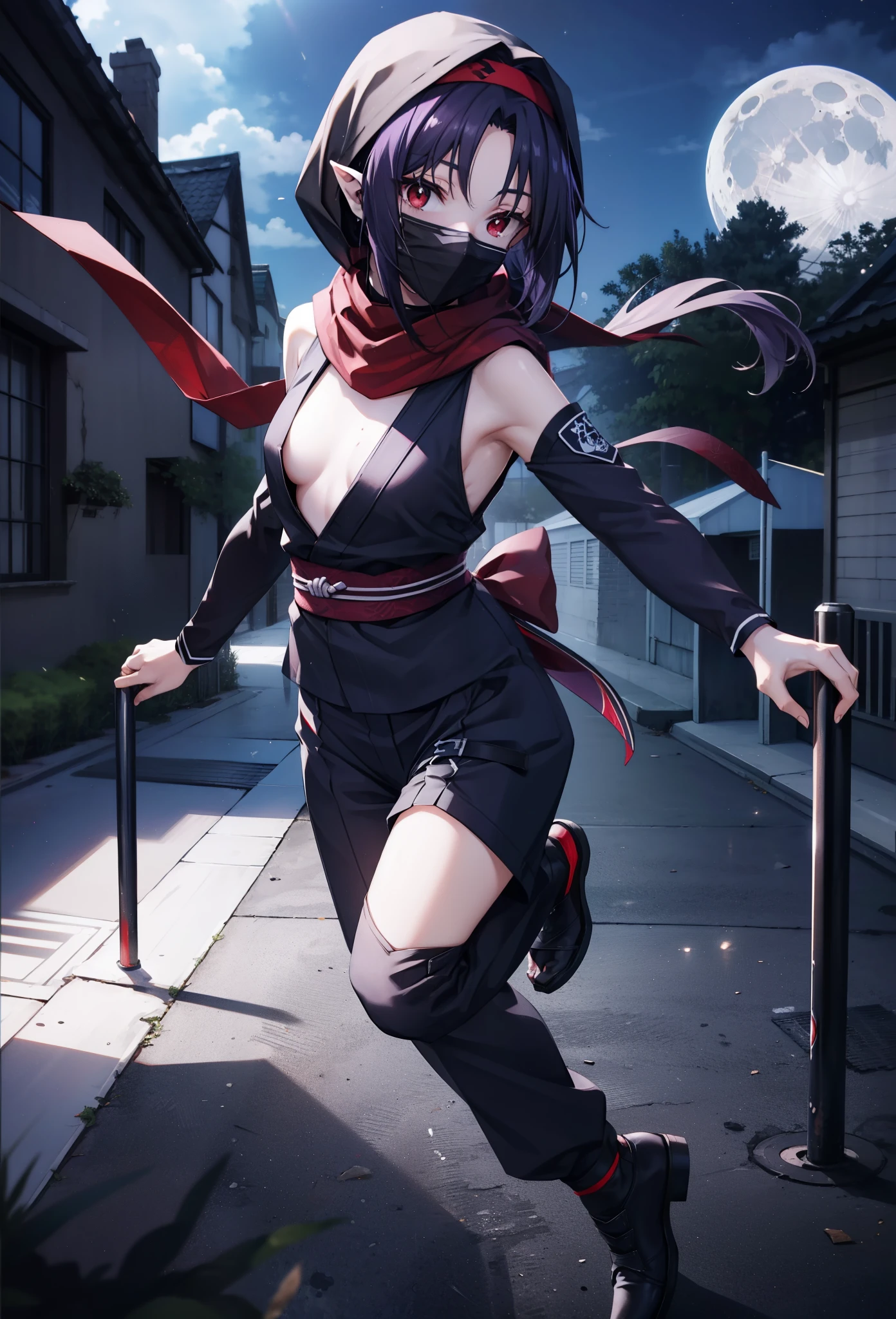 yuukikonno, Yuki Konno, hair band, Long Hair, Pointy Ears, Purple Hair, (Red eyes:1.5), (Small breasts:1.2),Hooded,cover your mouth with a black scarf,strict,black Ninja uniform,Ninja,black Ninja pants,short boots,Action pose,Overlooking the city from the roof of the building,moon,moon明かり,night,whole bodyがイラストに入るように,
break looking at viewer, whole body,
break outdoors ,Medieval European-style building,
break (masterpiece:1.2), highest quality, High resolution, unity 8k wallpaper, (shape:0.8), (Beautiful and beautiful eyes:1.6), Highly detailed face, Perfect lighting, Highly detailed CG, (Perfect hands, Perfect Anatomy),