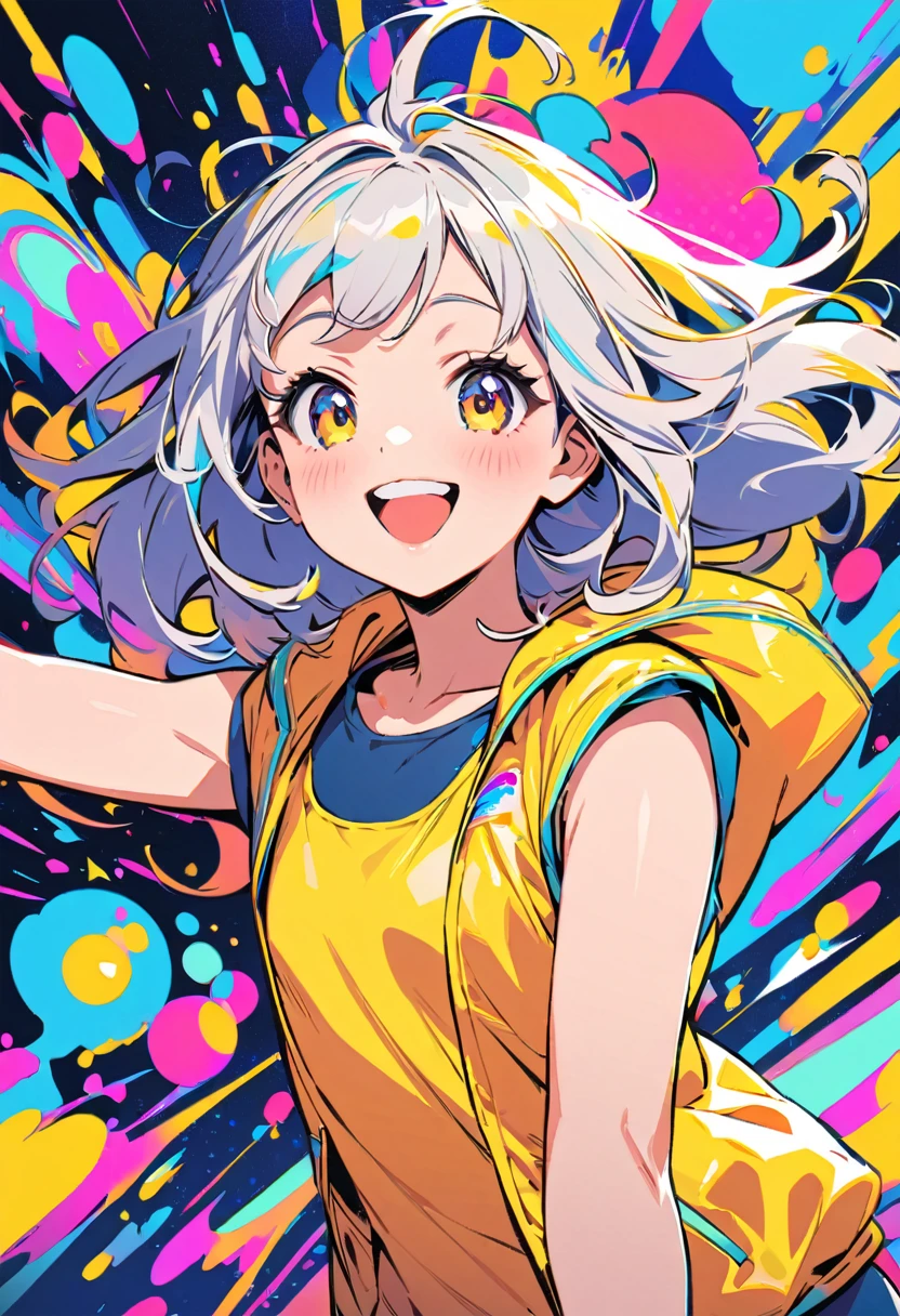 (best quality, masterpiece, ultra highres, ultra-detailed:1.2) , popart style, tween girl,girl enjoying life,wearing a yellow life vest and school swimsuit,very happy,smile,delicious looking girl,