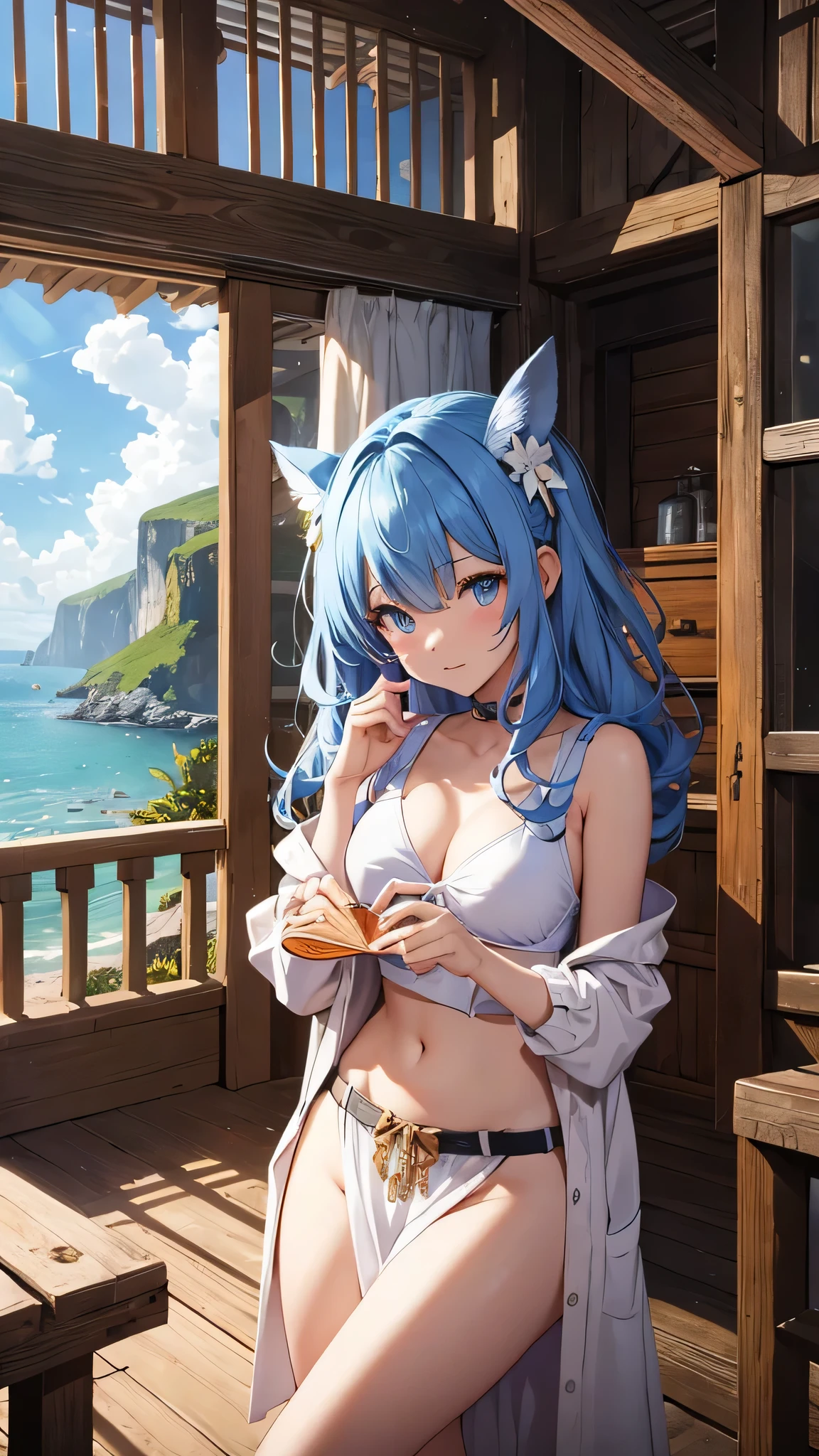Highest quality、Highest quality、Masterpiece、girl((20-year-old、as soon as、Highest Bust、Medium Bust、Wide open chest、Red glowing eyes、Light Blue Hair、Disheveled Hair、Loincloth、thin、The best valley、Open chest、Full body view、White shorts、White tank top、Lie))、high quality、Beautiful Art、background((Wooden house、Wooden house具、Fan、White Curtains))、Depth((Ocean)),flight、Flying Debris、Depth of text、movie、Visual Arts、Perfect Art、8K、Genuine、Special Angles