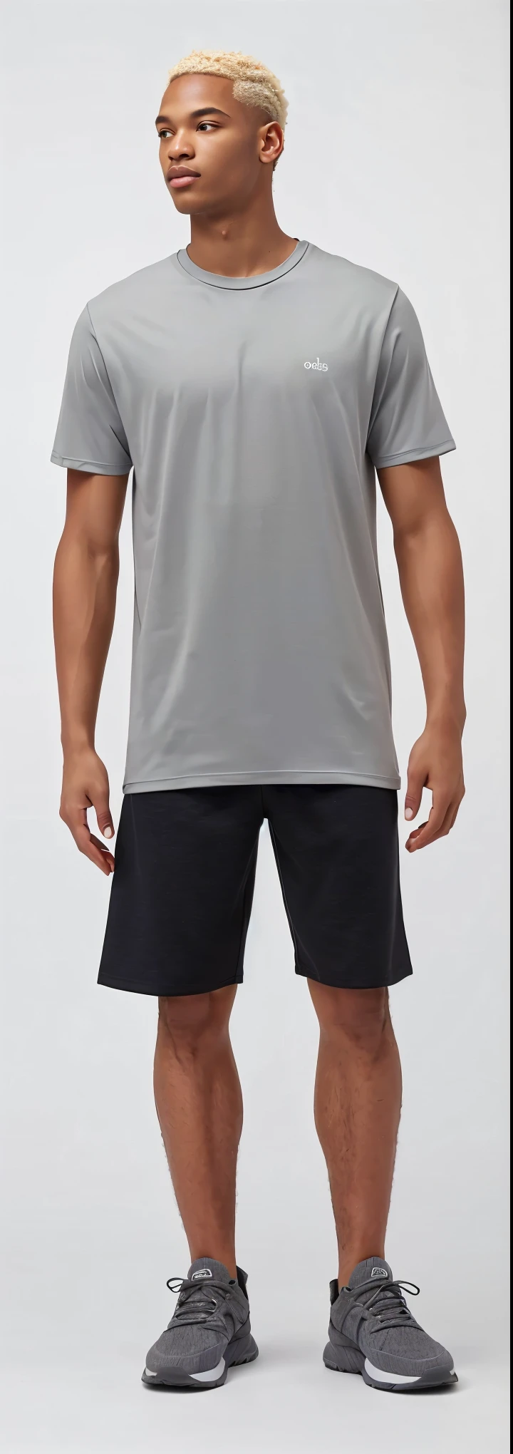 trimmed white man in gray shirt and shorts standing, vestindo shorts e camiseta, camisa cinza, solid gray, gray shorts and black socks, em cinza metalizado, full body distant view, imagem detalhada do produto, jovem com short, modern Roupa casual, pele bronzeada, camiseta e shorts, foto de corpo inteiro hiperdetalhada, Roupa casual, vestindo shorts pretos